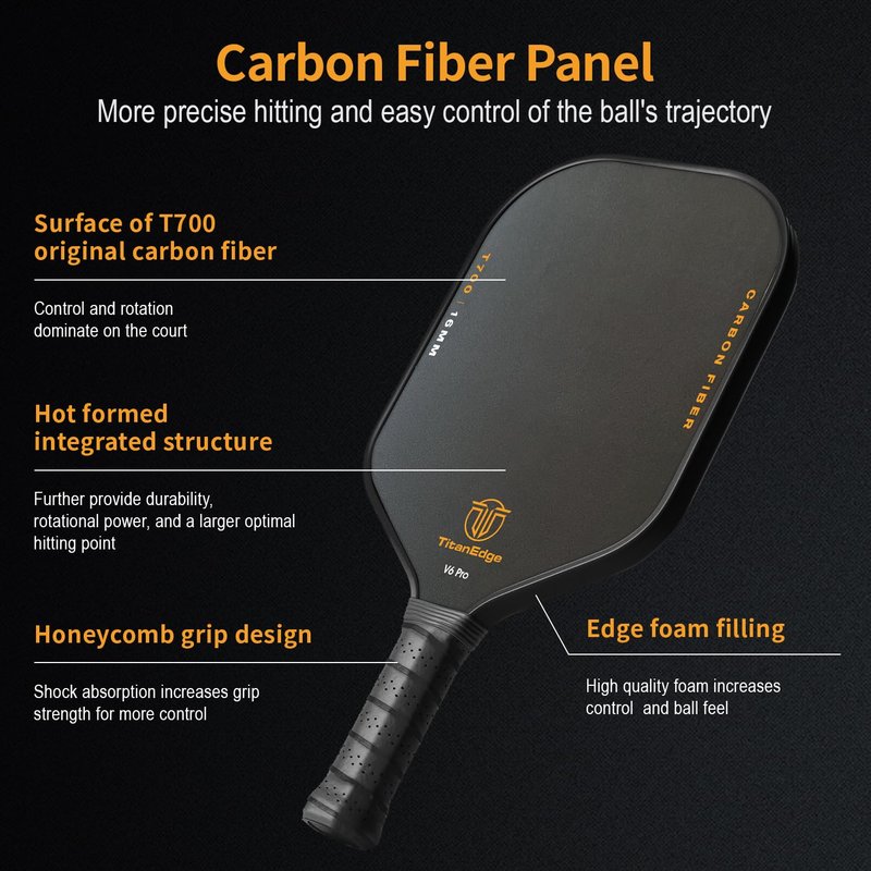 TitanEdge V6 Pro Pickleball Paddle – T700 Carbon Fiber Surface, Unibody Design,16mm Polypropylene Core, Lightweight Paddle for Power & Control, Durable Pickleball Racket for All Levels(Black)