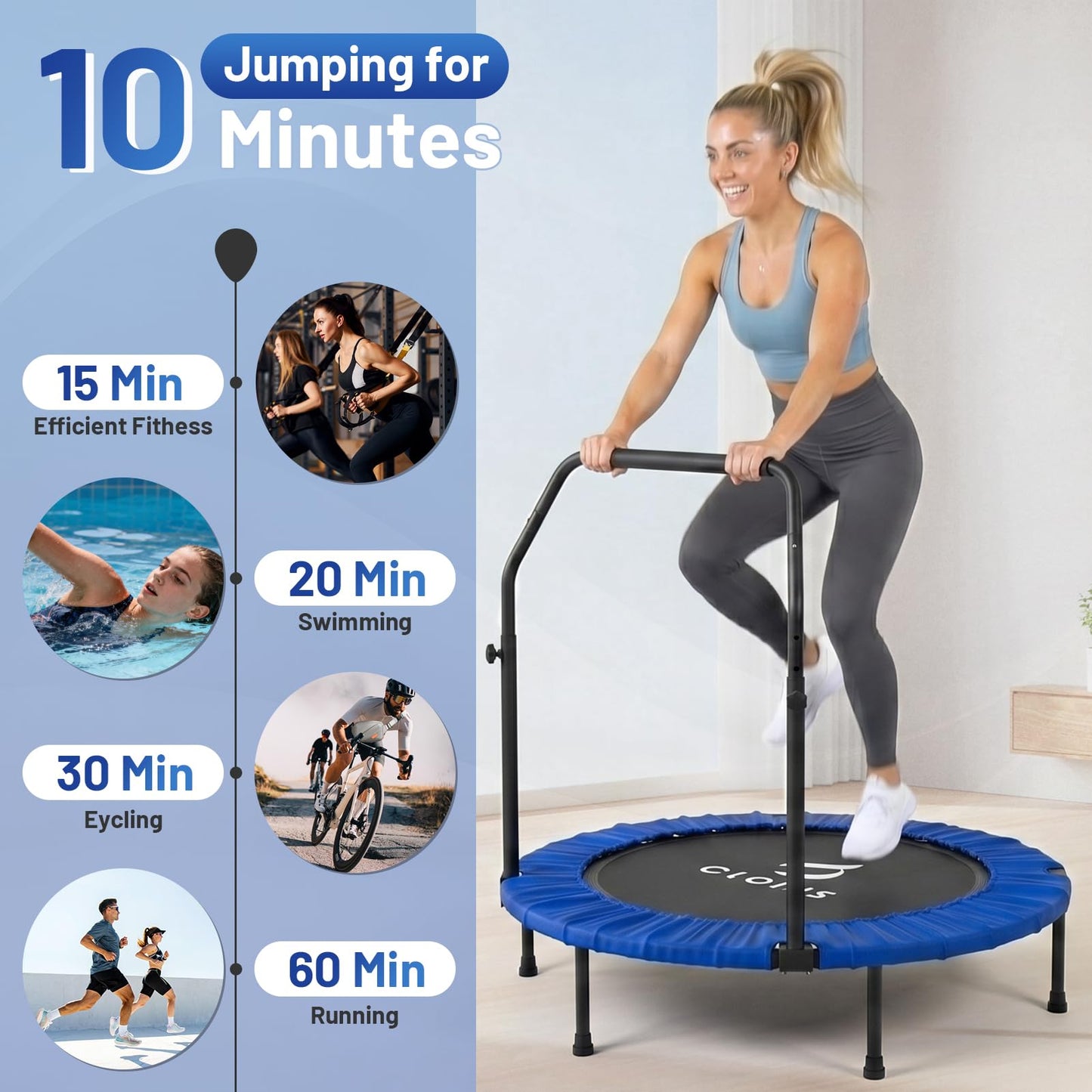 CLORIS Rebounder Trampoline for Adults 40 Inch, 400 lbs Capacity with 5-Level Adjustable Bar, Foldable Mini Indoor Fitness Workout Exercise Equipment Blue