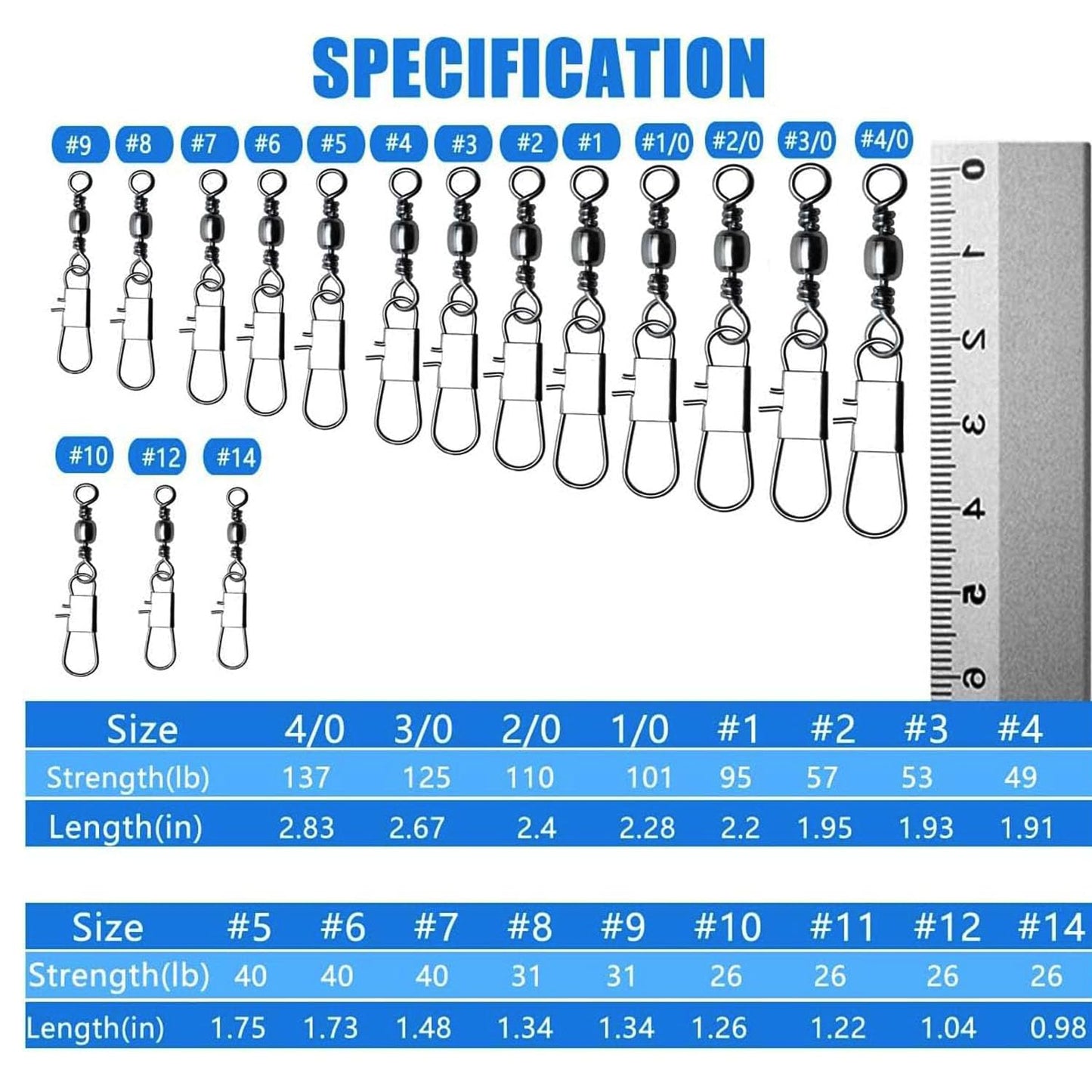 ENERHIKE Fishing Barrel Swivel with Safety Sanp, 50pcs Stainless Steel Fishing Snap Swivel Saltwater High Strength Interlock Sanp Swivel Freshwater Lure Line Connector #1/0