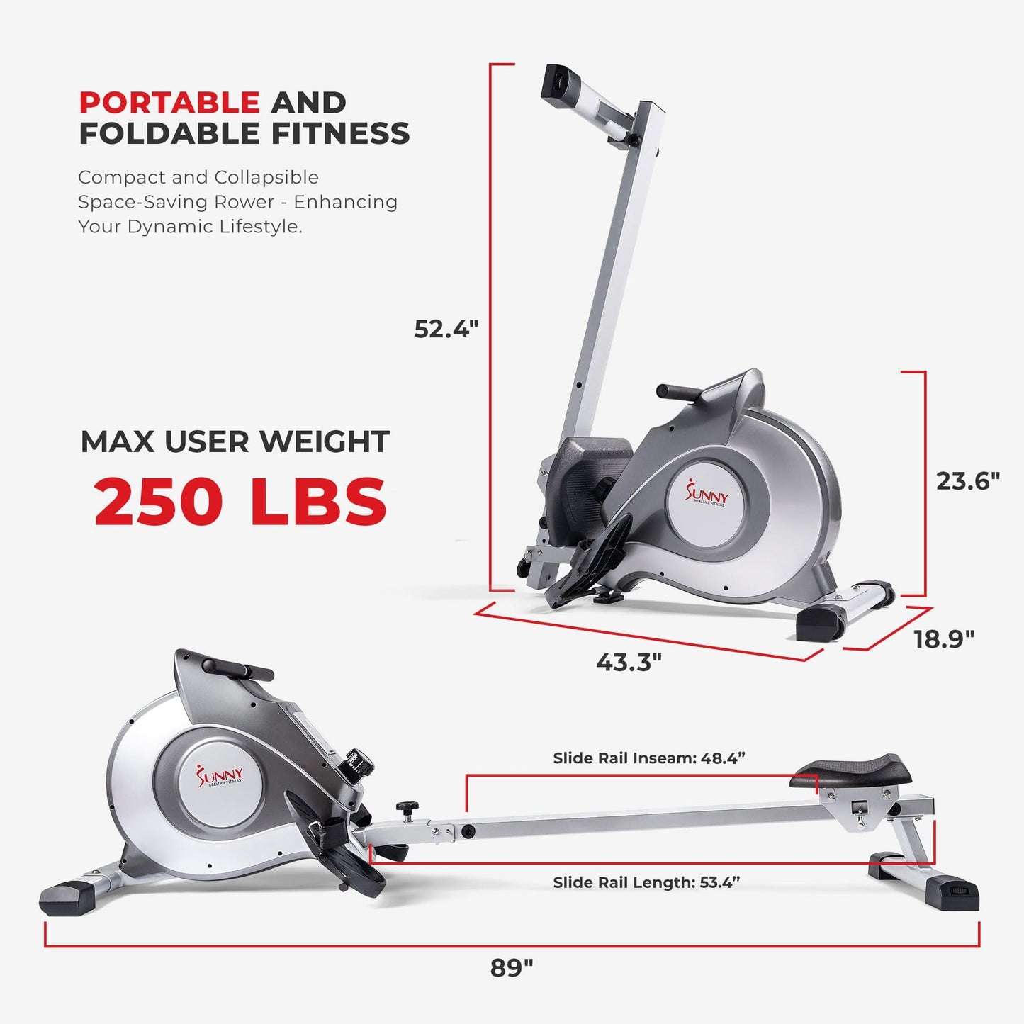 Sunny Health & Fitness Magnetic Rowing Machine Rower with 8-Level Resistance, Extended Slide Rail & Digital LCD Display - SF-RW5515