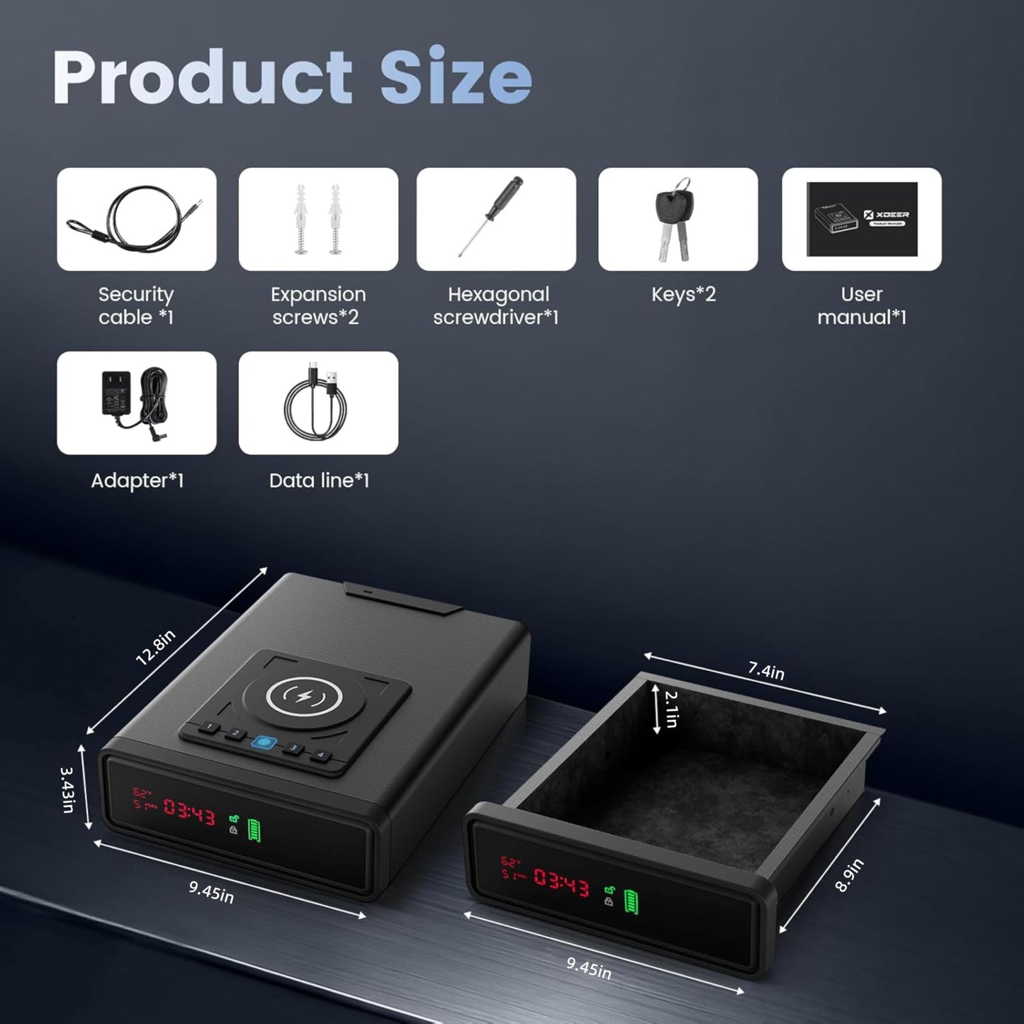 XDeer Biometric Gun Safe for Handgun with Wireless Charging, Quick Access Fingerprint Gun Safes, Bedside Pistol Case, 7/24 Digital Alarm Clock Small safe 1PCS