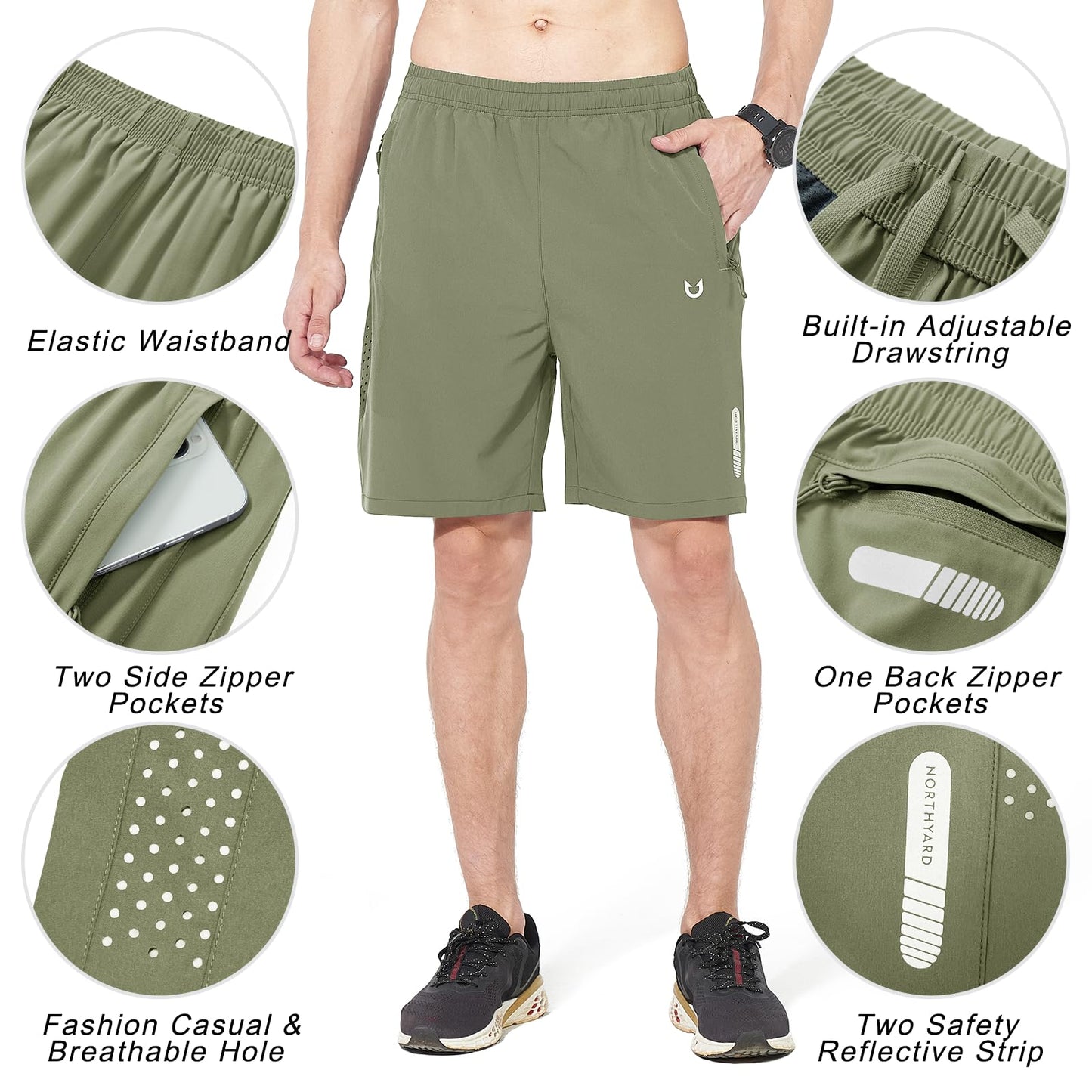 NORTHYARD Men's Athletic Running Shorts Gym Workout 7"/9"/5" Quick Dry Lightweight Sports Basketball Tennis 3 Zipper Pockets LightGreen L
