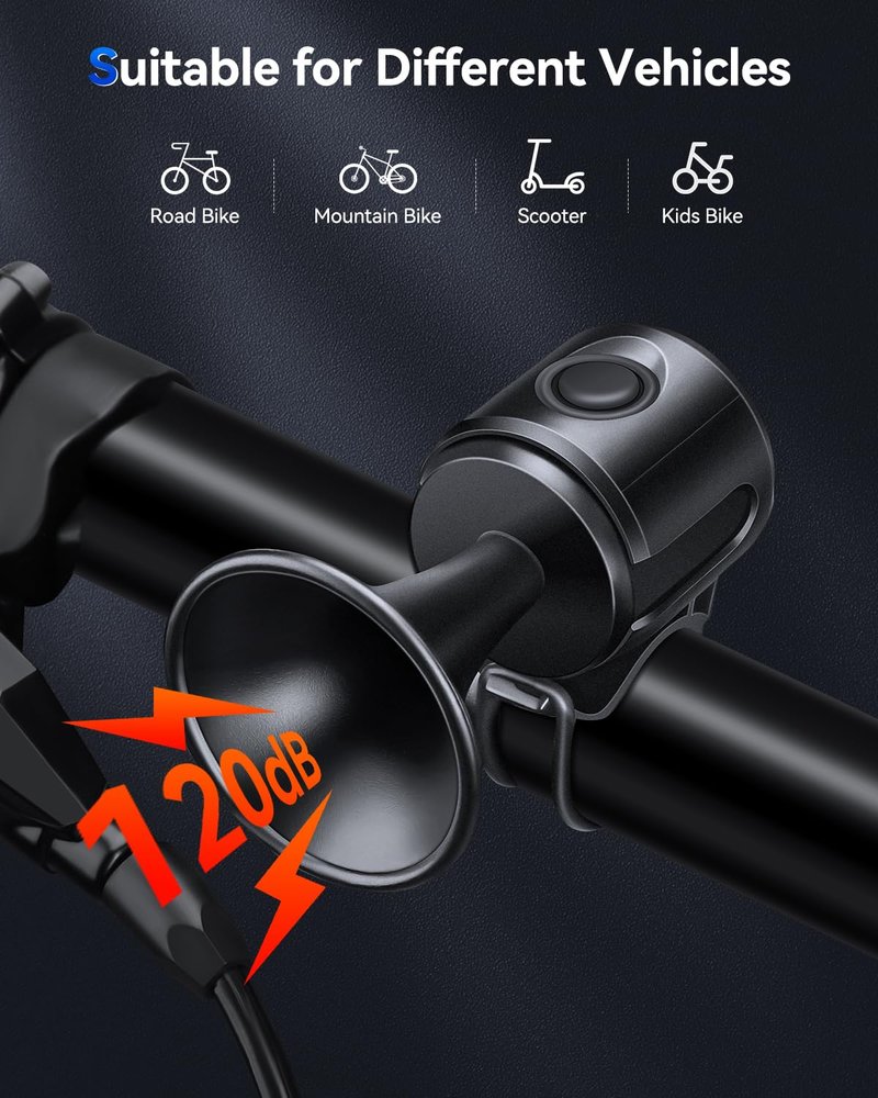 EQIIO Electric Bike Horn, 120db Loud Bicycle Horn for Handlebars, Bike Bell with 3V Button Battery Operated, Bike Horn for Kids Bike, Scooter, Ebike, IPX4 Waterproof & Easy Installation