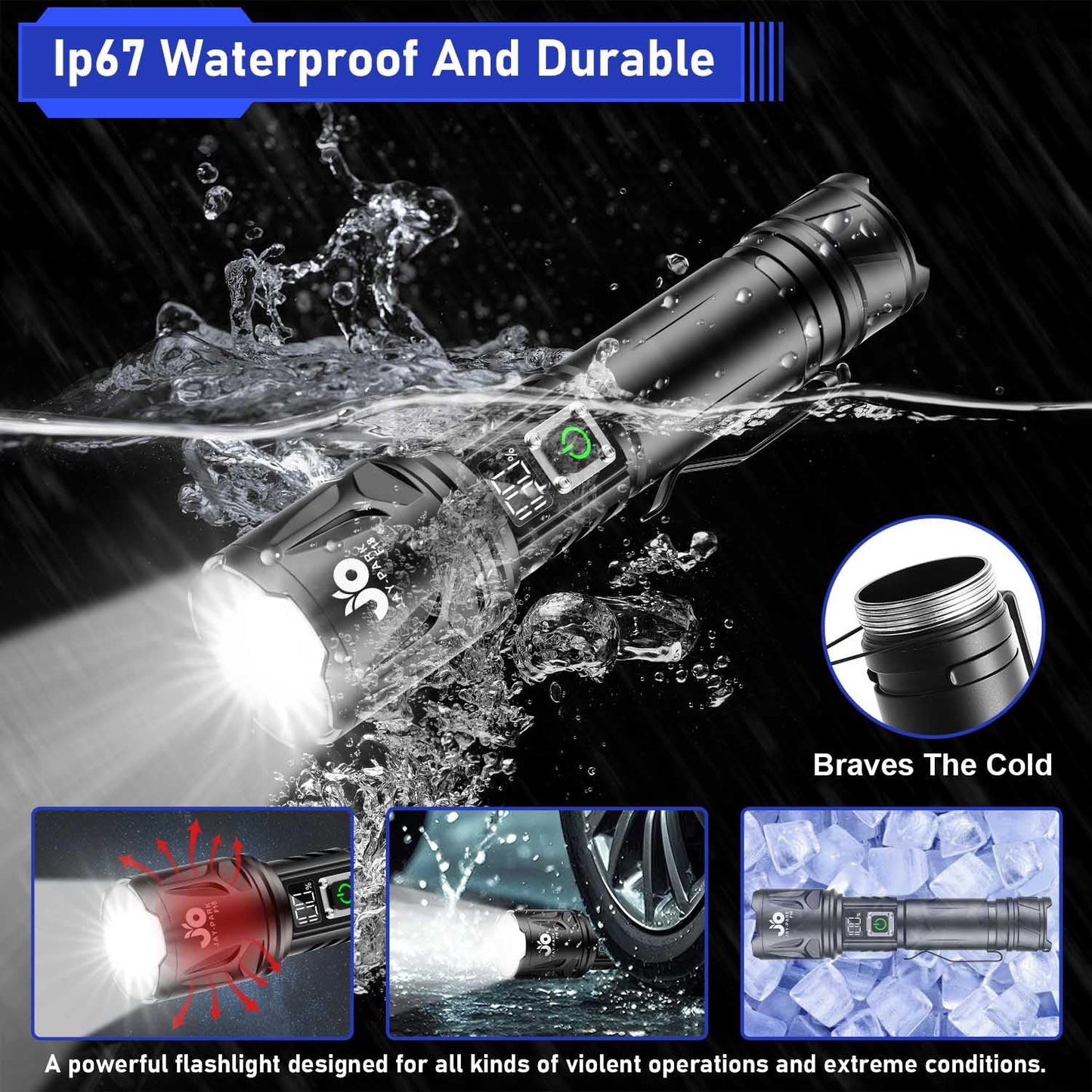 JAY-PARK High Lumen Flashlight - 100000 Lumens, Rechargeable 5000mAh with LCD Display, Zoomable Long Beam (3000m), IP67 Waterproof, 5 Modes & Belt Clip - for Camping, Dog Walking