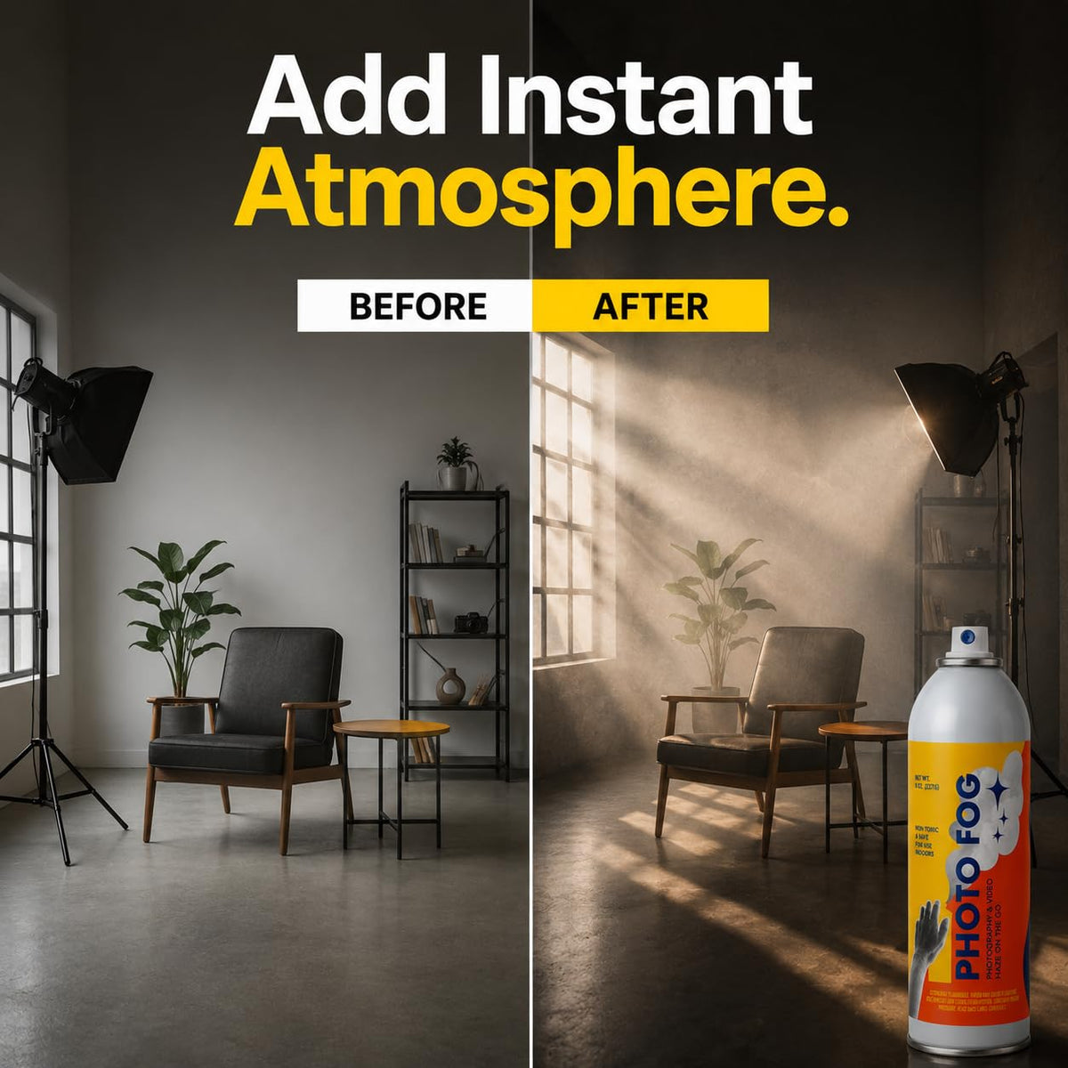 [2 Pack] Photo Fog Atmosphere Aerosol – 8 oz Haze Spray for Photographers & Filmmakers, Portable Fog Machine Alternative, Reveals Light Beams & Rim Light, Safe Indoor Studio Haze, Made in USA