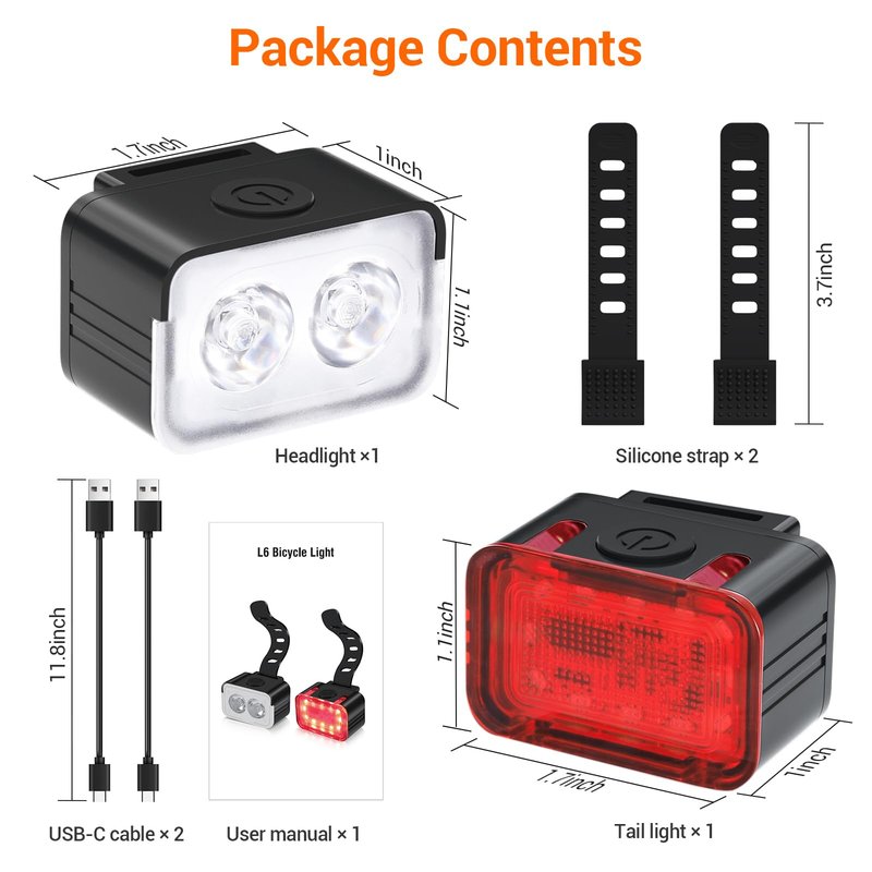 RIDWIND Bike Lights Set Rechargeable, 300 Lumen Bicycle Front and Rear Light, USB Bike Lights for Night Riding, 5+6 Modes, IPX6 Waterproof Cycling Safety Lights