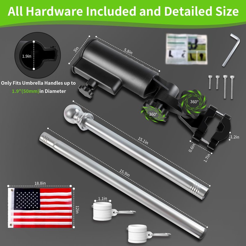 Cartalia Golf Cart Flag Holder and Flag Pole Mount Kit Universal for EZGO Club Car Yamaha, Heavy Duty Bracket for 0.7"-1.4" Round/Oval Square Rails, Golf Push Cart, Boat, Included USA Flags (12"×18")