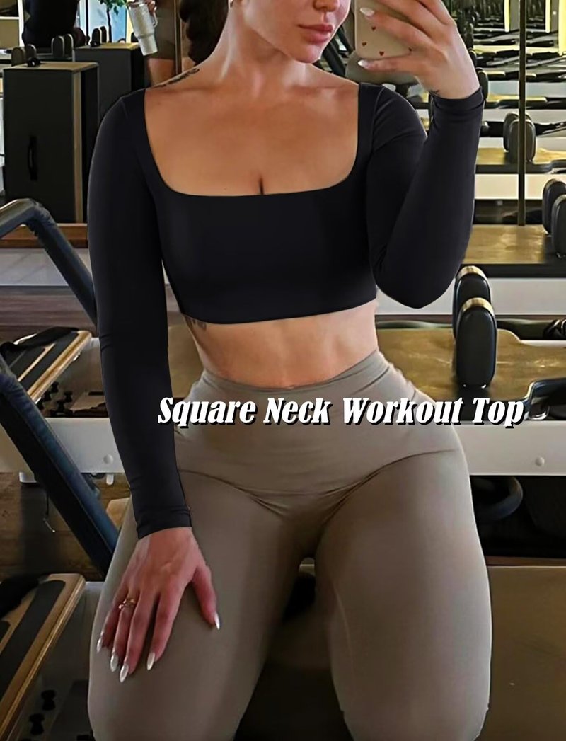 TZLDN Women's Long Sleeve Crop Tops Workout Tops Sqaure Neck Padded Gym Athletic Yoga Sports Bra Compression Shirts Black - X-Small