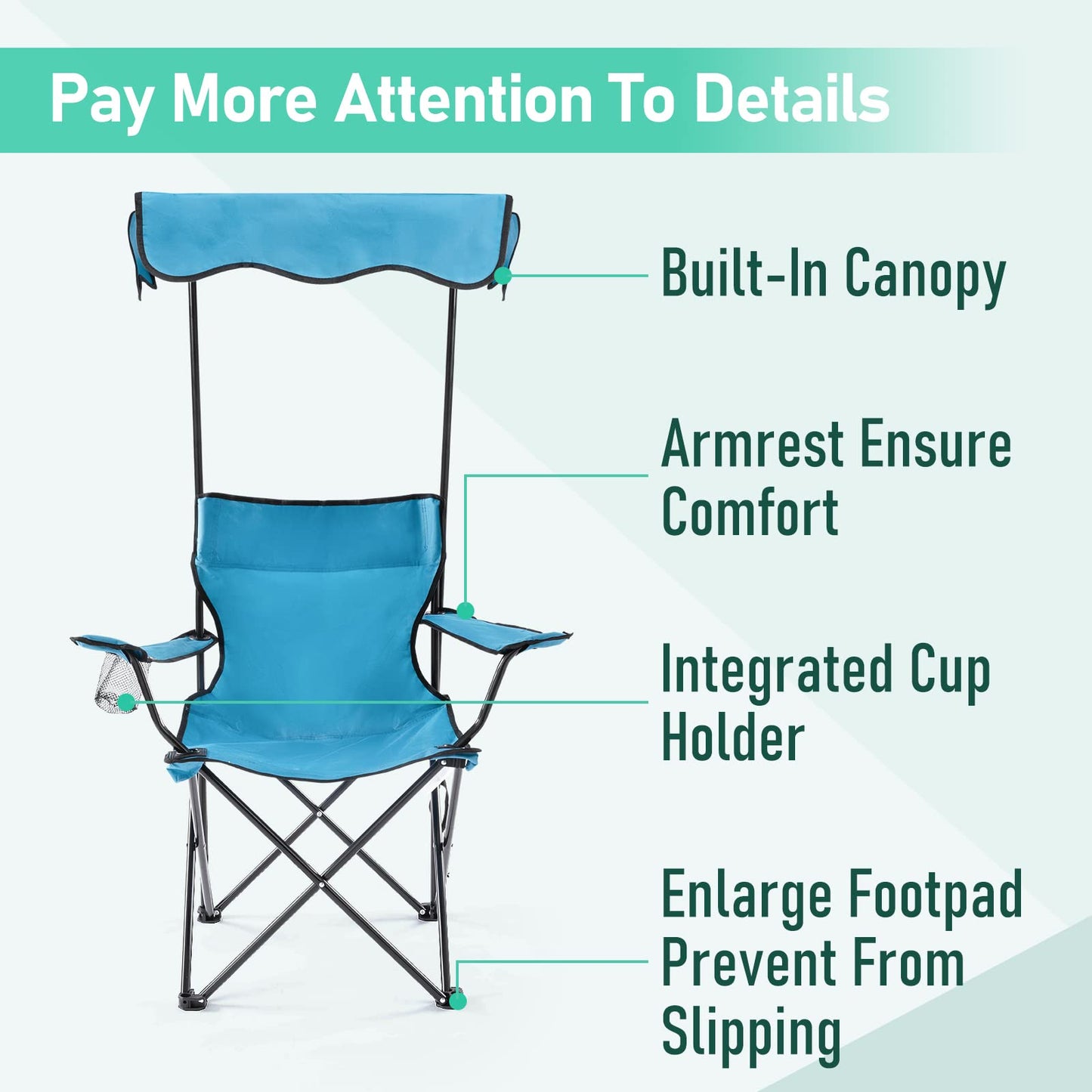 rotinyard Folding Camping Chair with Canopy Shade for Adults, Portable Beach Chairs with Umbrella Support 330 lbs, Heavy Duty Lawn Chair with Cup Holder for Outdoor Fishing Picnic Garden Sports Patio