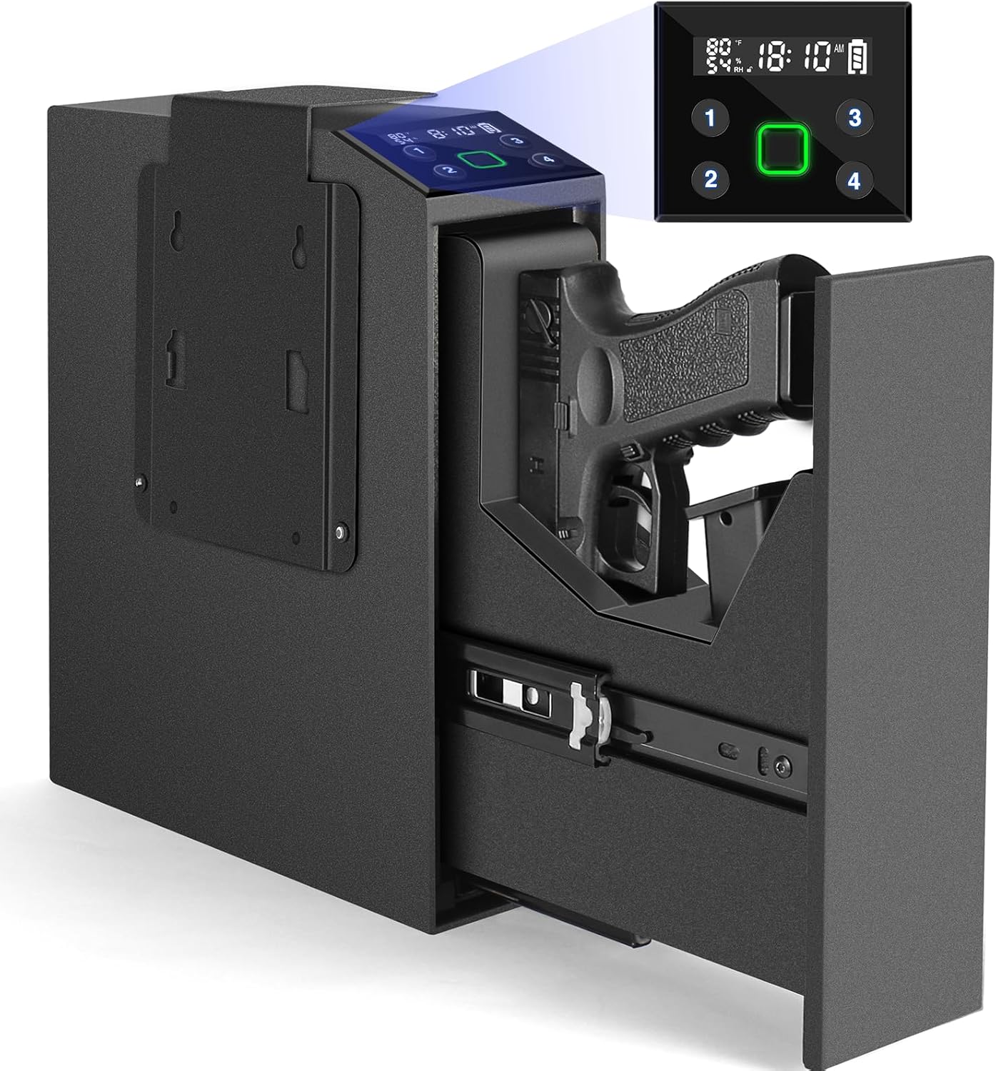Biometric Handgun Safe - LCD Screen for Temperature, Humidity & Time | Nightstand, Desk, Wall, Truck Use