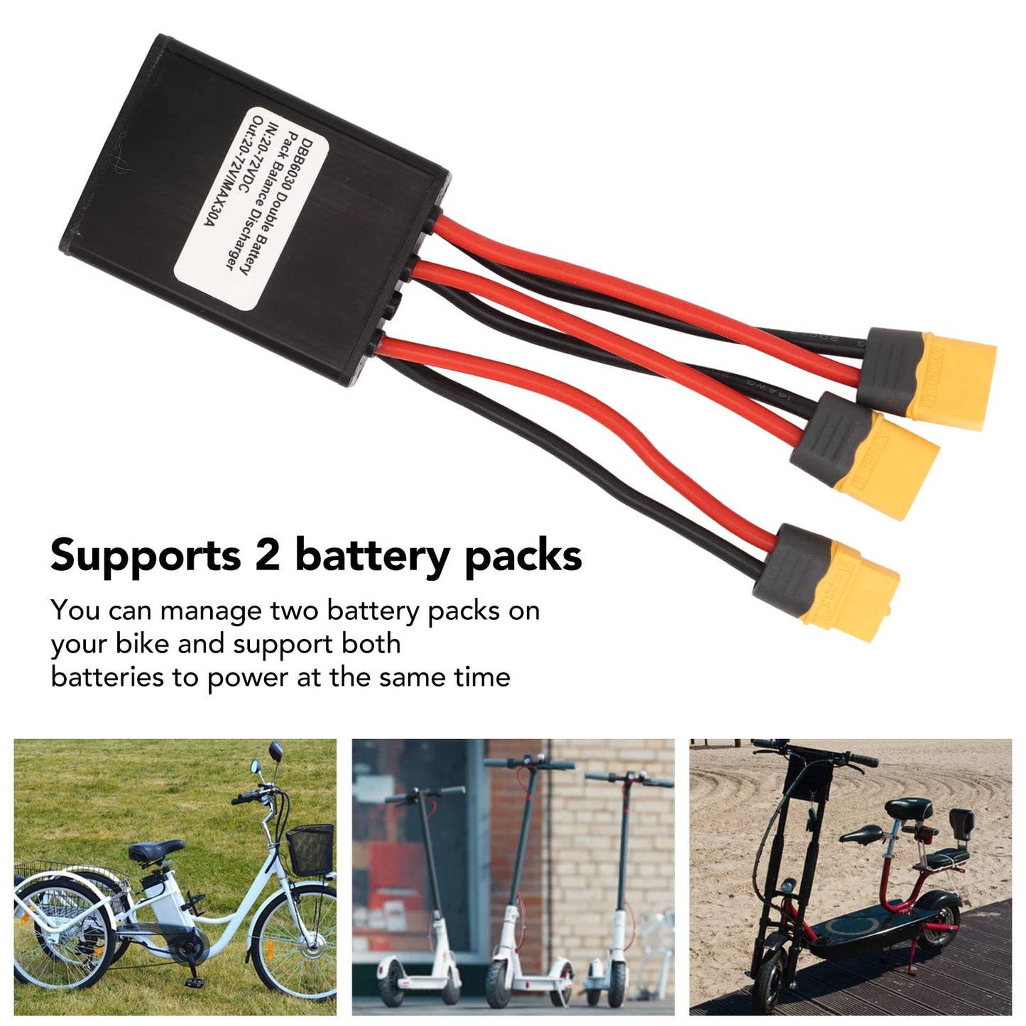 Sorandy Dual Battery Discharge Converter for E Bike, Parallel Battery Adapter for Increase The Capacity, Parallel Equalization Module XT60 Connector, Dual Battery Pack Switch 20V - 72V