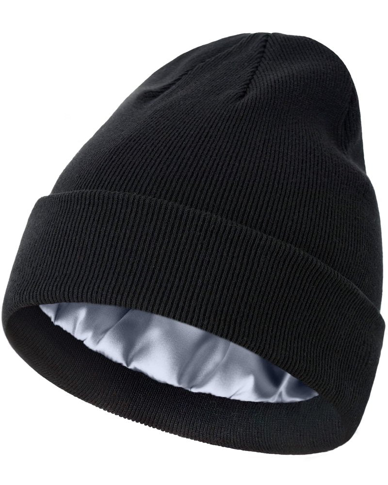 Satin Lined Beanie, 100% Cotton Beanies Hats for Men Women, Slouchy Knit Cuffed Winter Warm Soft Hat, Silk Lining Snug Skull Cap