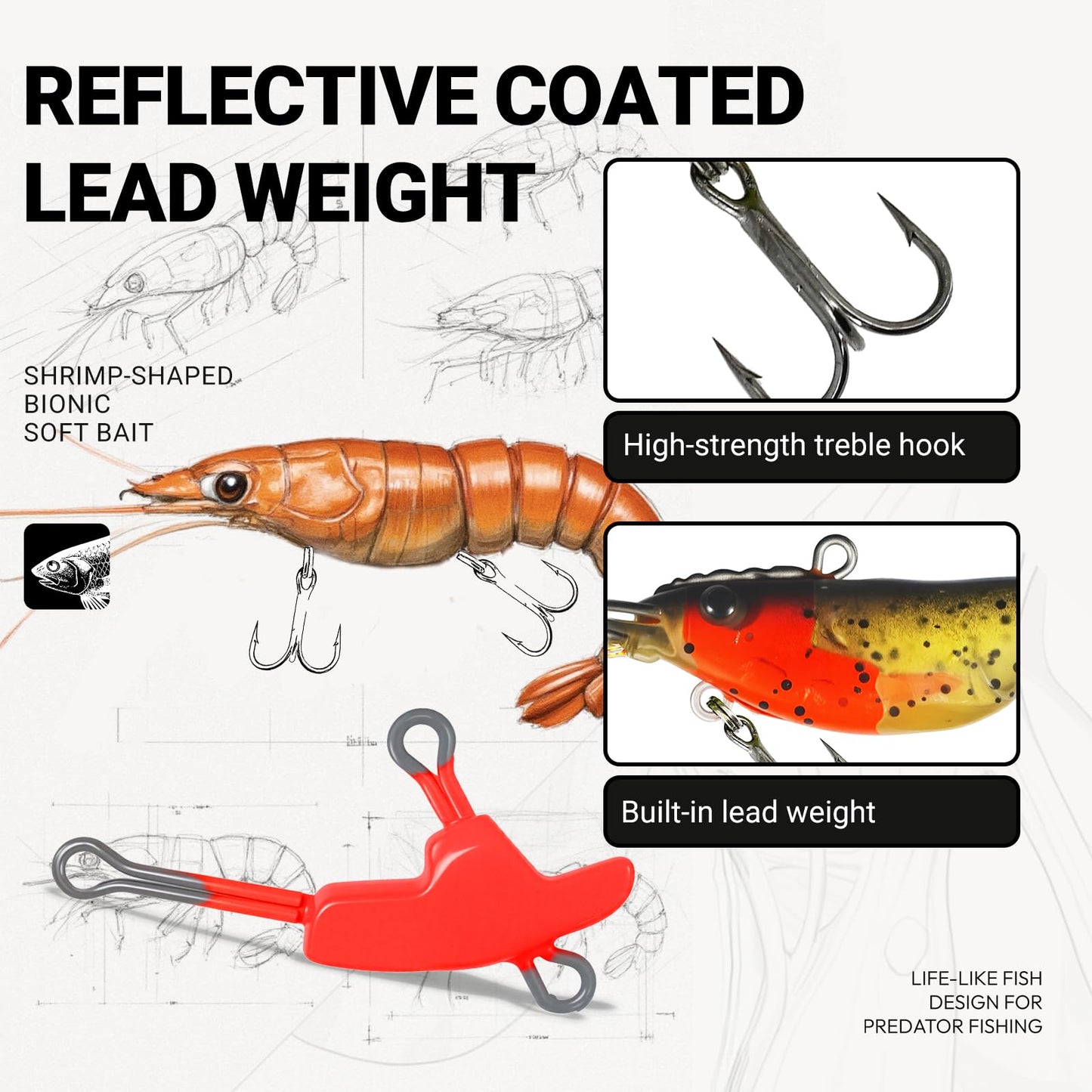 AQUAVEXIS 4pcs Fishing Lures Shrimps baits Pre-Rigged Fish Jigs - Soft Lure Bass Trout Lifelike Shrimp Crayfish Swimbait