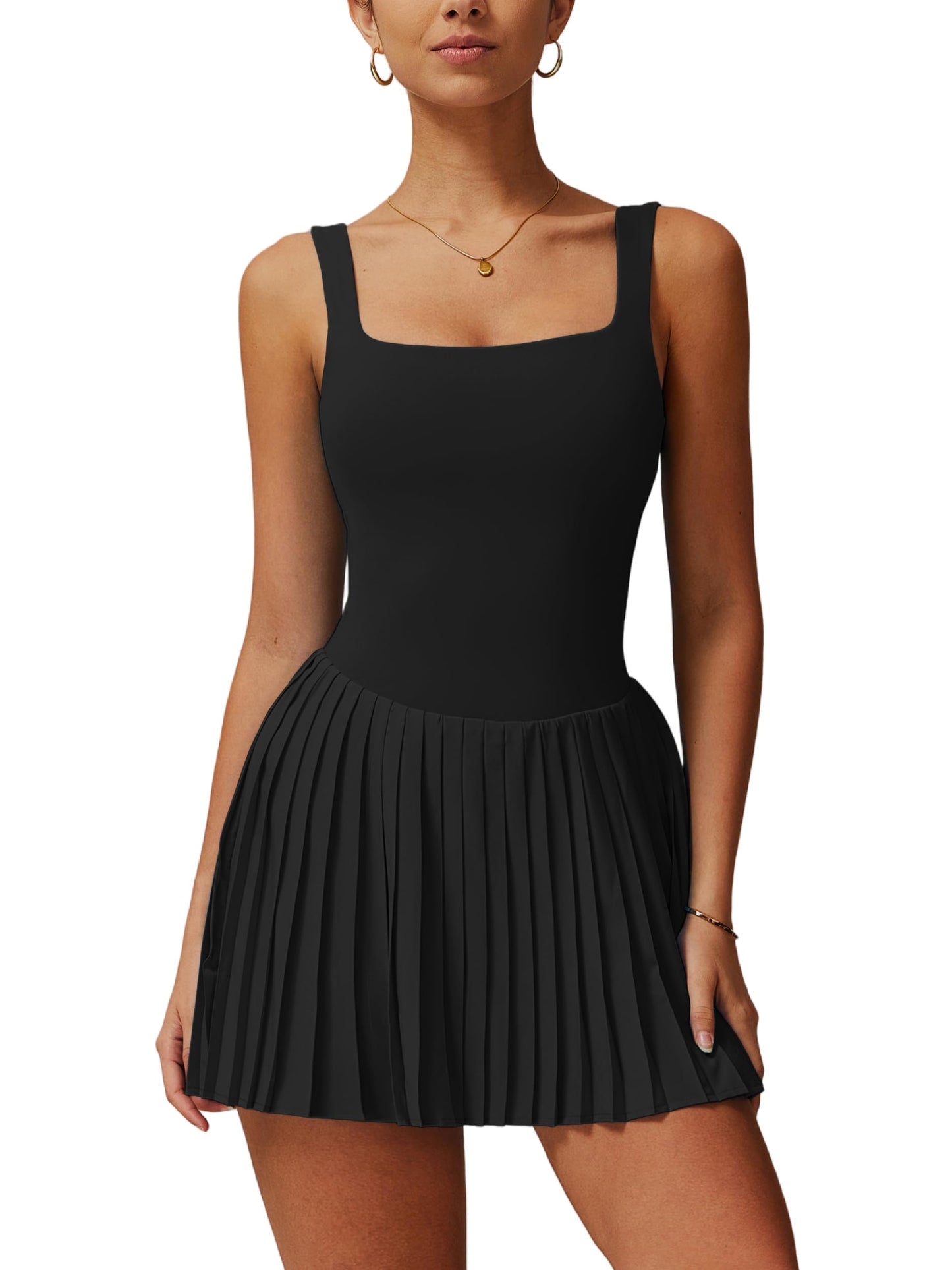 ABOCIW Tennis Dress with Built Shorts Square Neck Pleated Athletic Dress Sleeveless Backless Workout Golf Dress Summer Mini Dresses for Women Black Medium