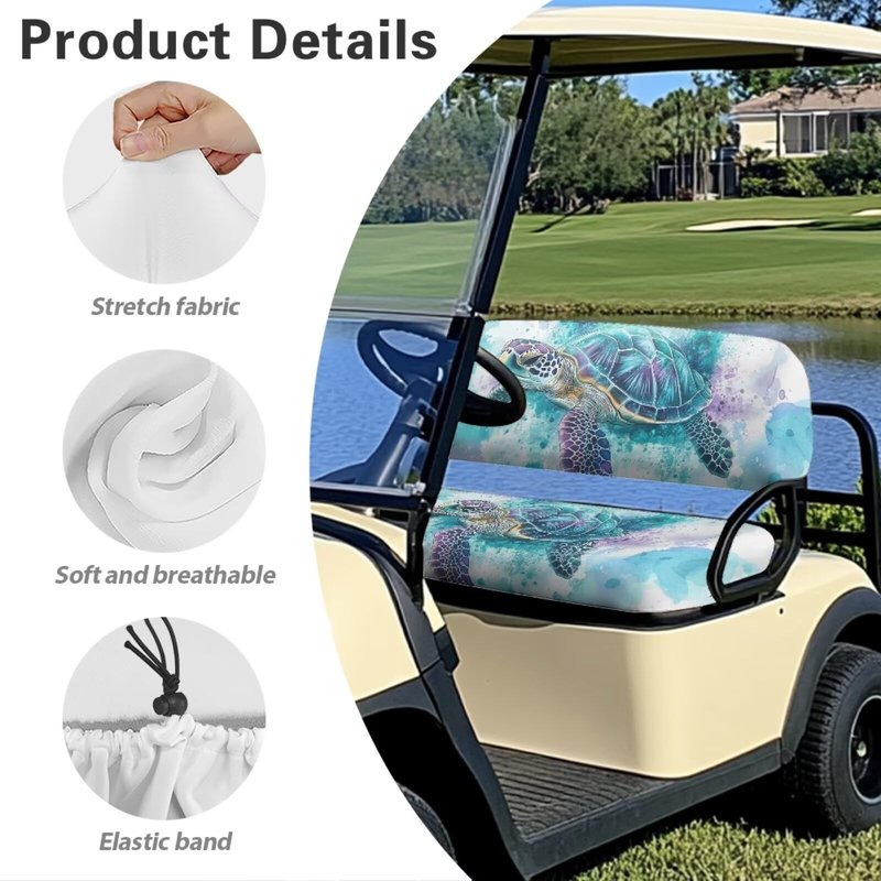 KEIAHUAN Golf Cart Seat Covers for 2 Person Seats Breathable Washable Rear Seat Cover Set Split Backres Front Seat Cover Non-Slip Fit All Golf Cart, Easy Install and Clean, Blue Sea Turtle