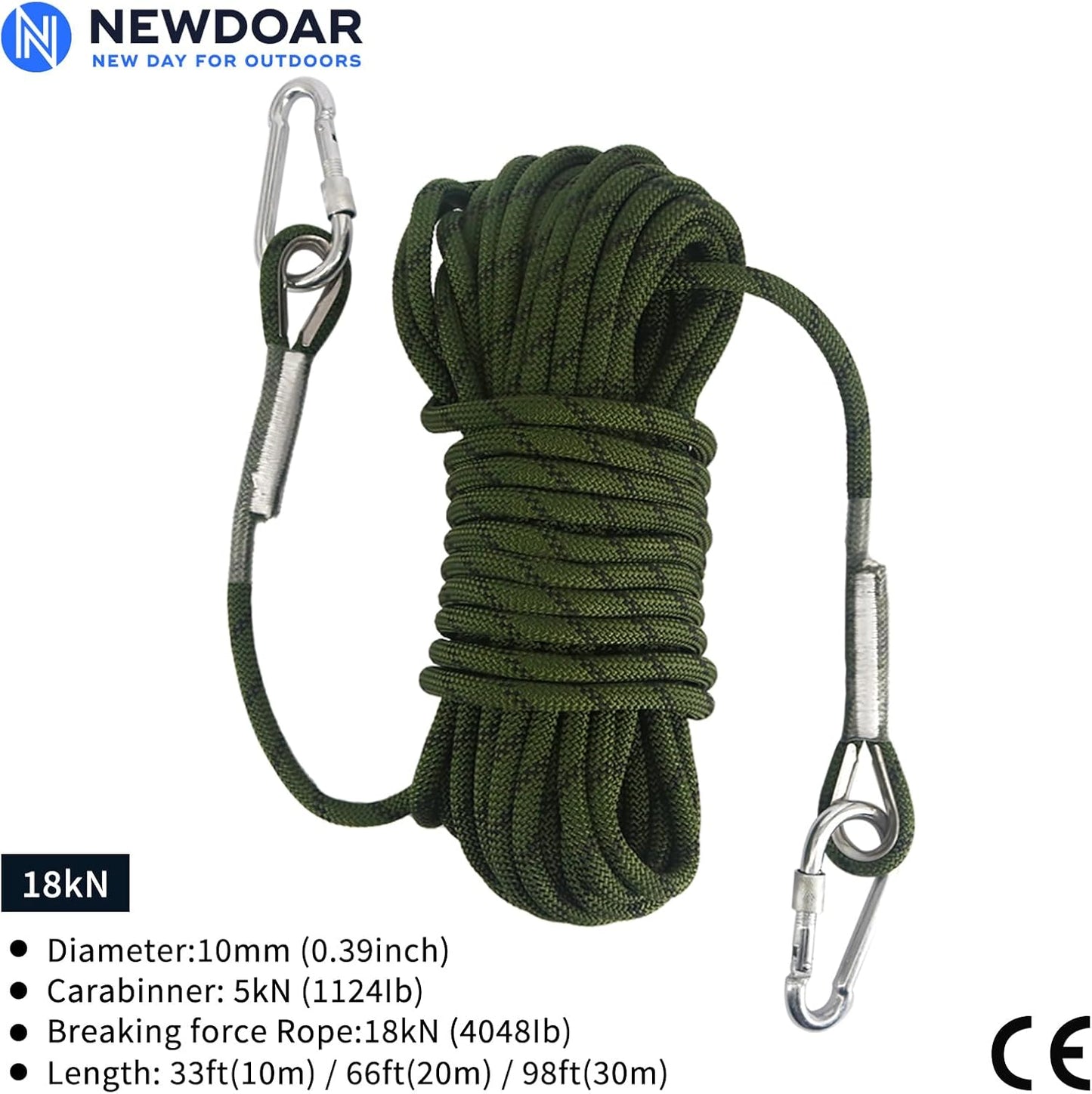 Climbing Rope 10mm | High Strength Accessory Cord with 2 Steel Hooks for Outdoor Rescue & Rappelling - Army Green
