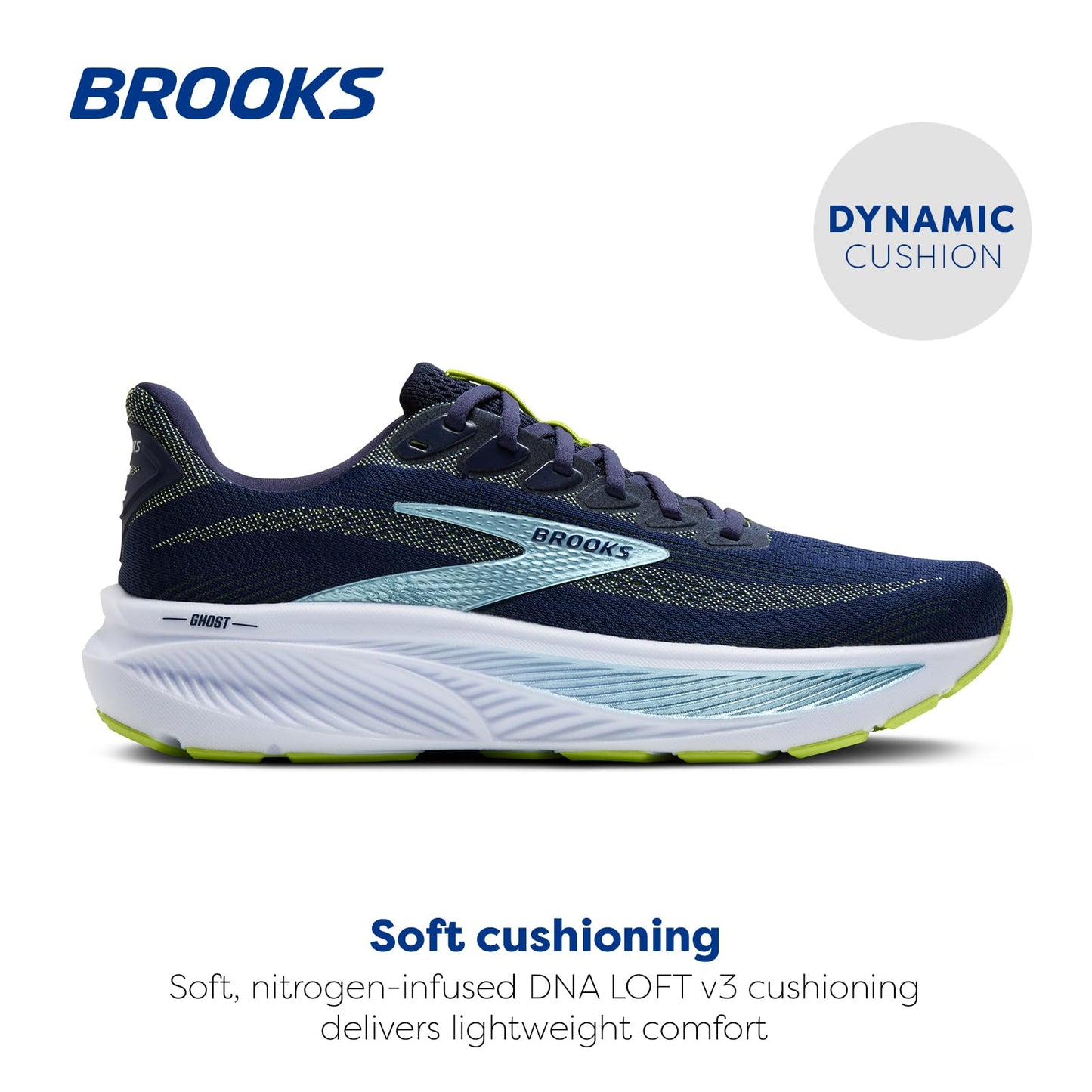 Brooks Men’s Ghost 17 Neutral Running Shoe - Peacoat/Lime/Blue - 12 Wide