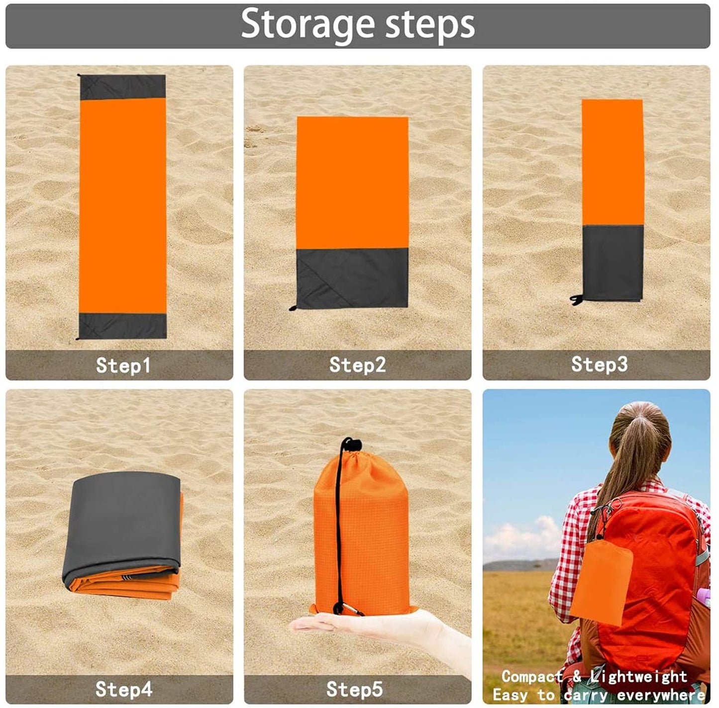 Beach Blanket, 79''×83'' Picnic Blankets for 4-7 Adults, Waterproof & Sandproof, Oversized Lightweight Beach Mat, Portable Picnic Mat, Waterproof Mat for Travel (Orange-Gray)