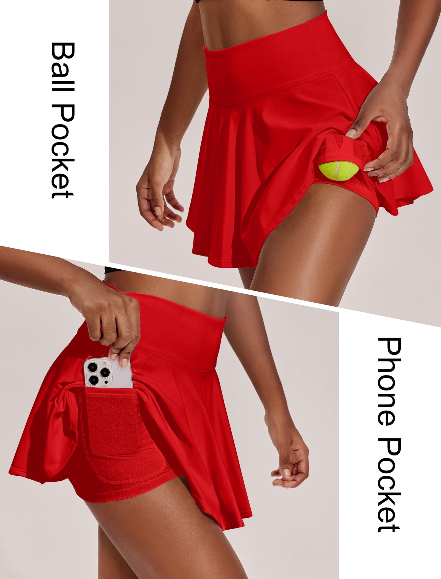 PINSPARK Women's Athletic Skorts Solid Breathable Tennis Skirts with 2 Pockets Pleated Pickleball Skirts, Red XL