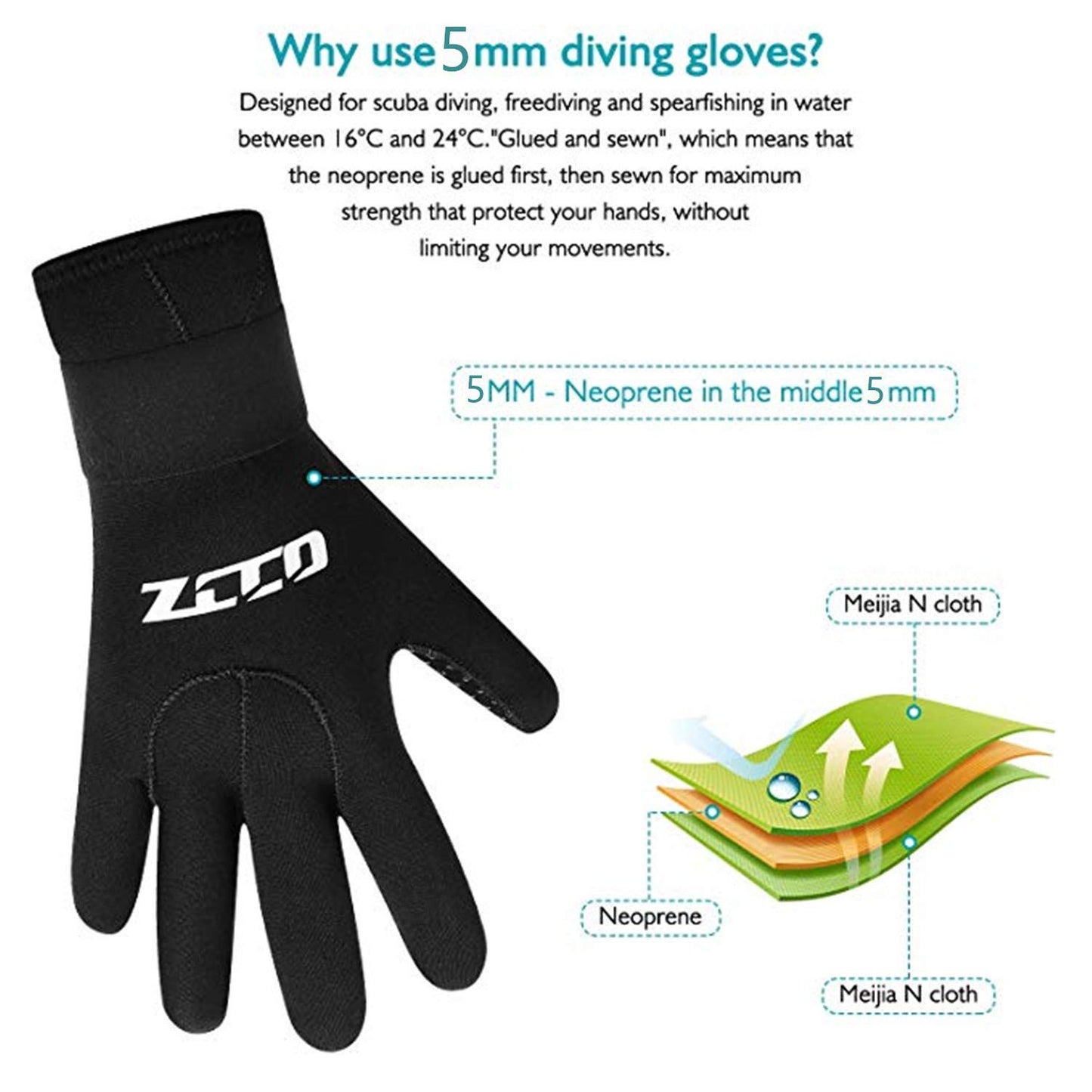 ZCCO Neoprene Diving Gloves - Double-Layer Thermal 5mm Wetsuit Gloves with Elastic Wrist & Skid Resistance Particles for Diving, Surfing, Snorkeling (5mm, L)