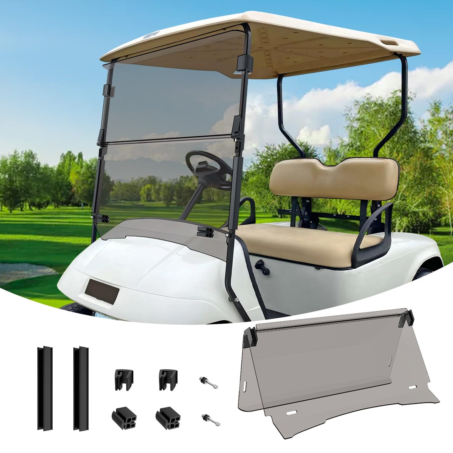 CartClan EZGO Golf Cart Windshield, Foldable EZGO Tinted Windshield for 1995-2013 EZGO TXT, PDS, DCS Golf Carts, UV and Impact Resistant, PC Golf Cart Windshield with Clips