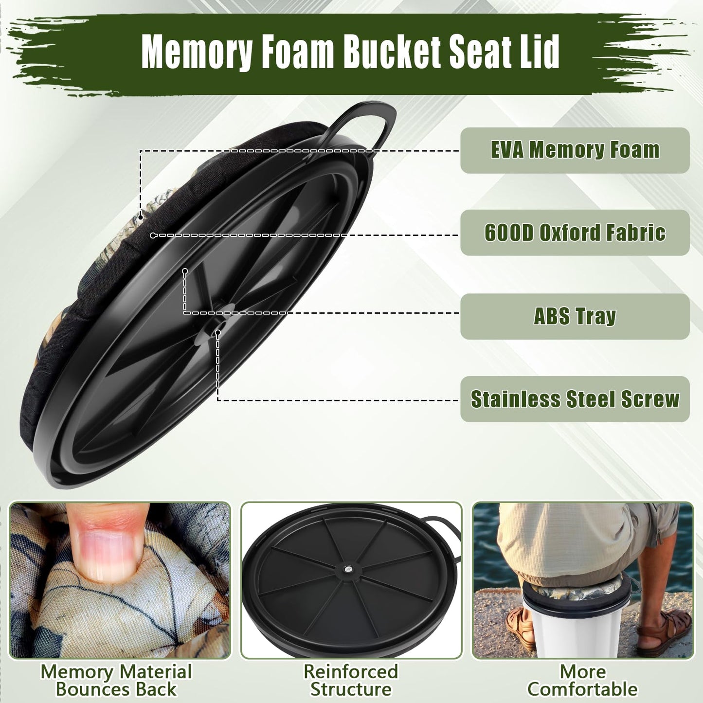 GJL 5 Gallon Bucket Seat Lid, 360 Degree Swivel Memory Foam Bucket Seat Cushion with Padded Top for Hunting, Fishing, Camping, Gardening and Baseball Training, Fits Standard 11"-11 3/4" Bucket