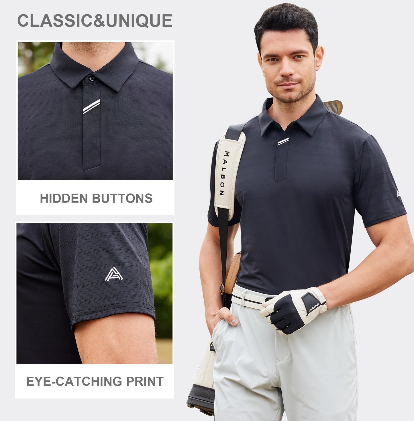 Esabel.C Jacquard Golf Shirts for Men Moisture Wicking Short Sleeve Performance Dry Fit Active Mens Polo Shirts,Black,XL