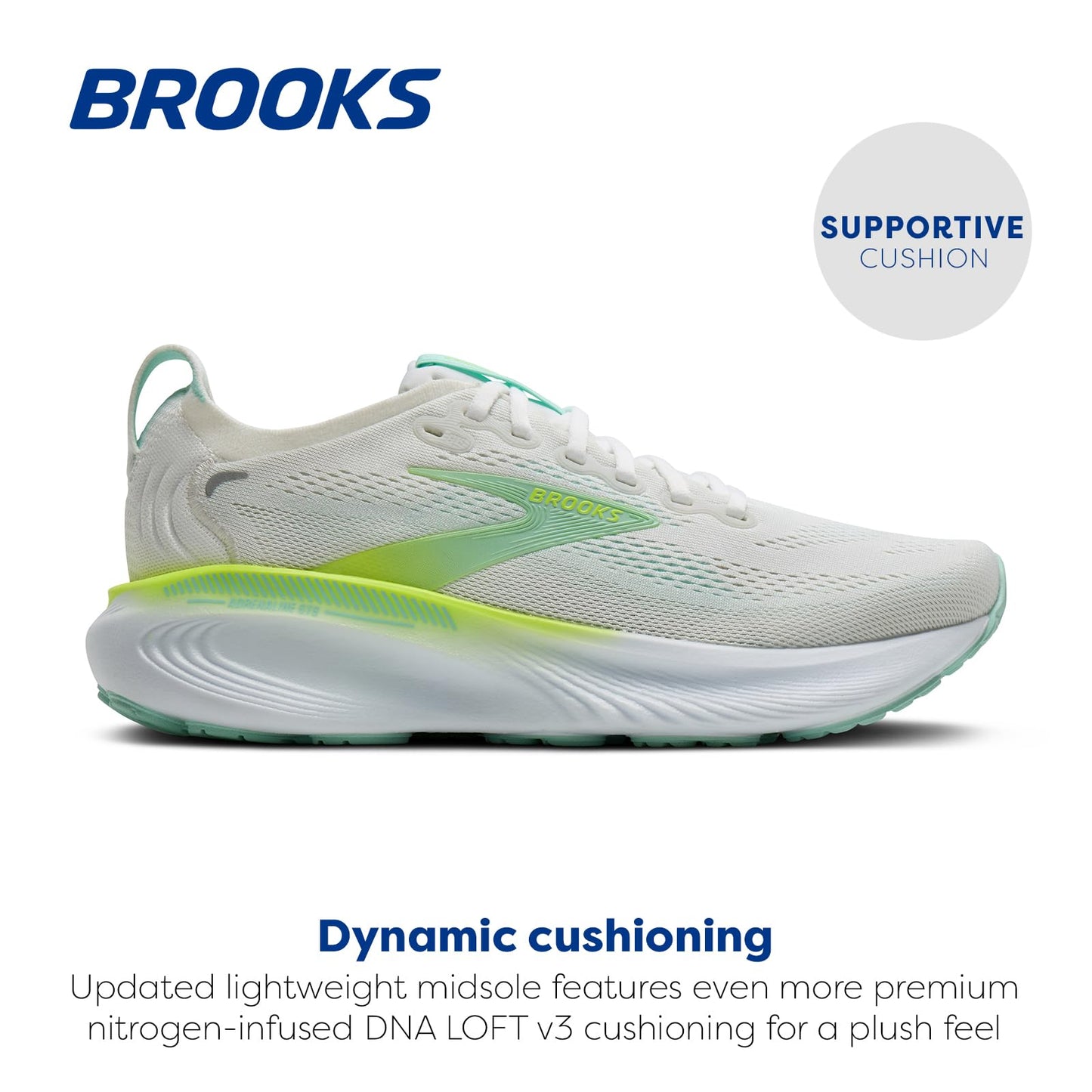 Brooks Women’s Adrenaline GTS 25 Supportive Running & Walking Shoe - White/Nightlife/Yucca - 13 Medium