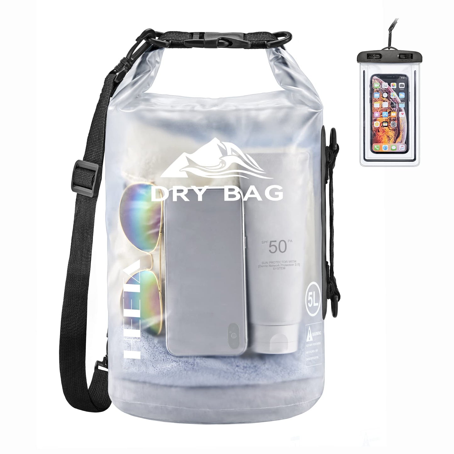 HEETA Dry Bag Waterproof for Women Men, Roll Top Lightweight Dry Storage Bag Backpack with Phone Case for Travel Swimming Boating Kayaking Paddle Board Camping Beach Accessories (White, 20L)