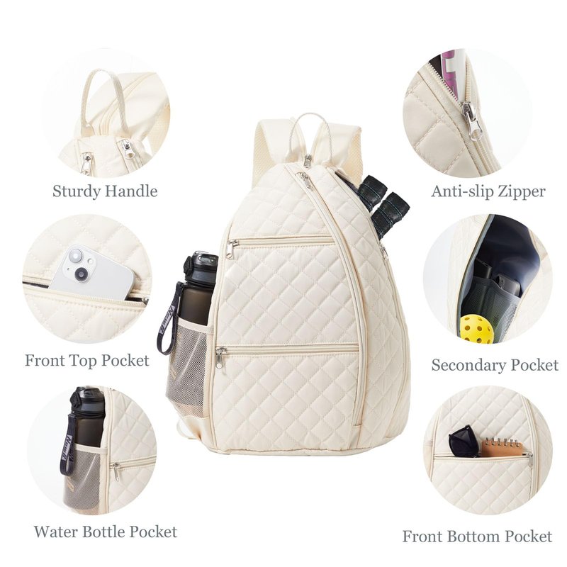LANBX Pickleball Bag, Pickelball Sling Backpack Crossbody Quilted Bags for Men Women, Holds Pickleball Paddle Tennis Badminton Rackets (Beige)