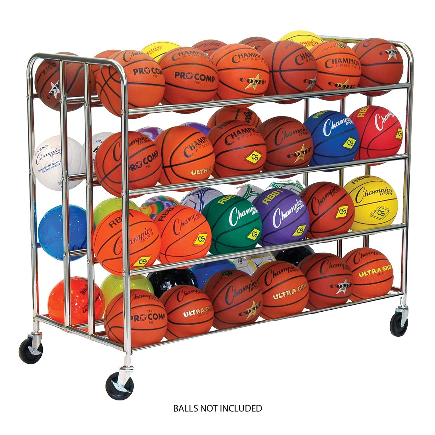 Champion Sports Double Wide Four Tier Basketball Storage Rack Cart with Locking Swivel Caster Wheels, 48 Ball Capacity (Chrome)