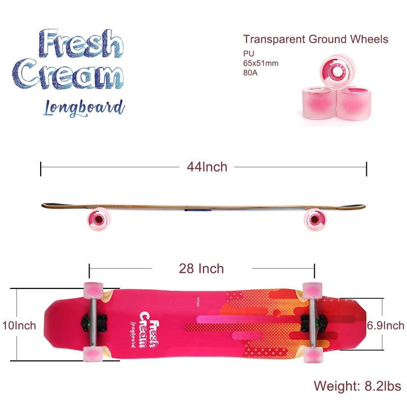 WHOME Pro Design 44 Inch Longboard Skateboard Complete - Dancing Free Style Slide Cruiser - Fresh Cream Longboards for Adult Kid & Beginner