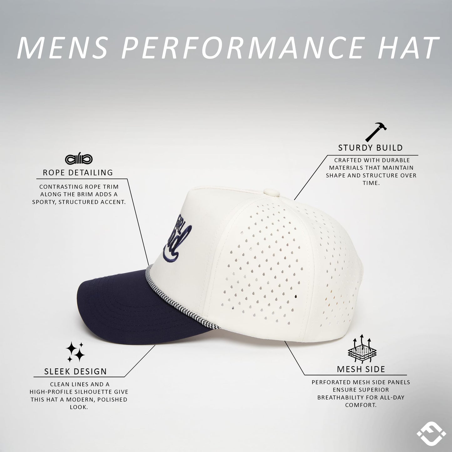 Funky Junque Golf Hat for Men - Performance Waterproof 5 Panel Rope Trucker Snapback, Breathable Workout Cap - Girl Dad - Navy/Beige