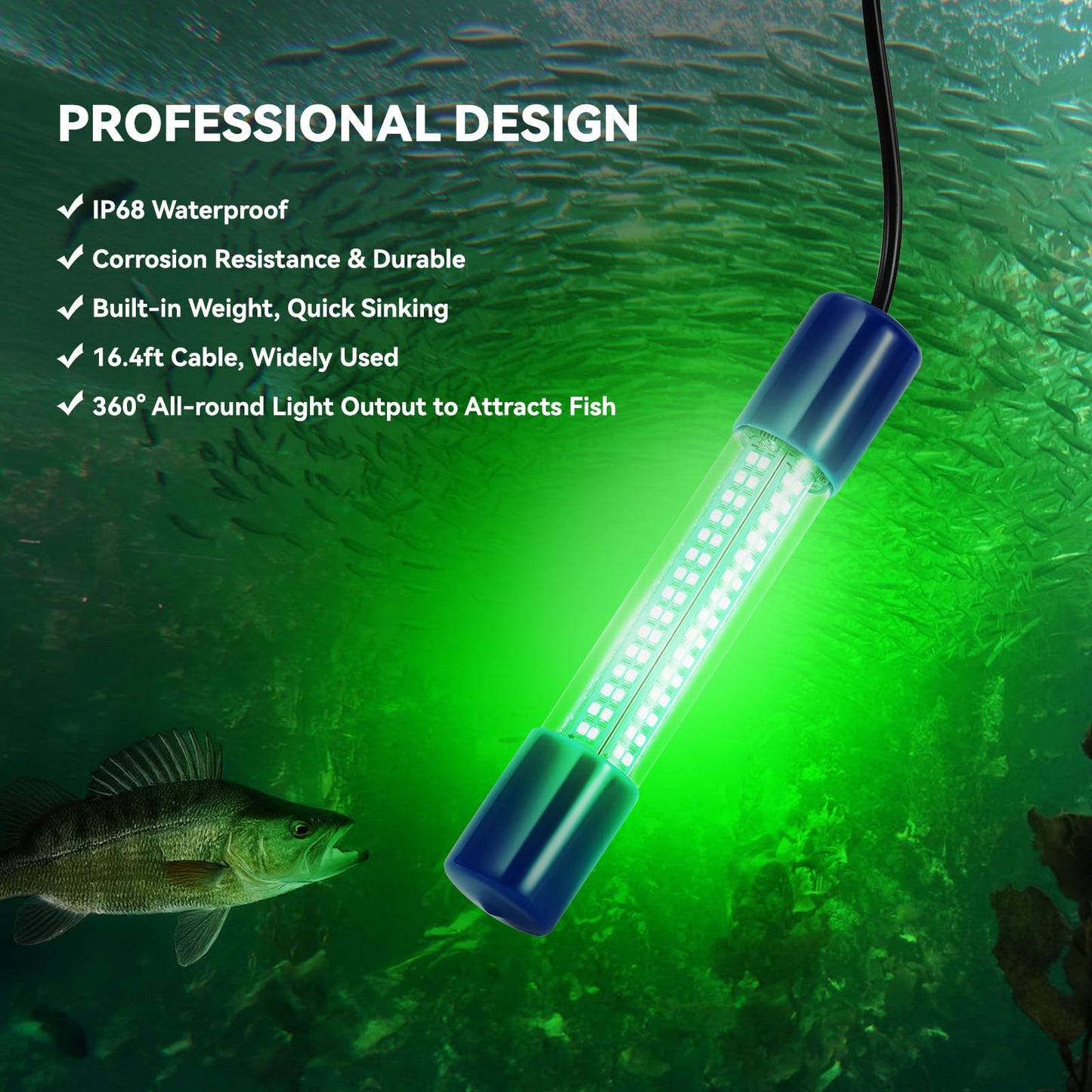 18W Green Underwater Fishing Light, IP68 Waterproof LED Fish Bait Light 1200LM Submersible Attractants Lamp on Boats/Docks for Night Snook Crappie with Battery Clips, DC 12-24V, 16.4ft Cable