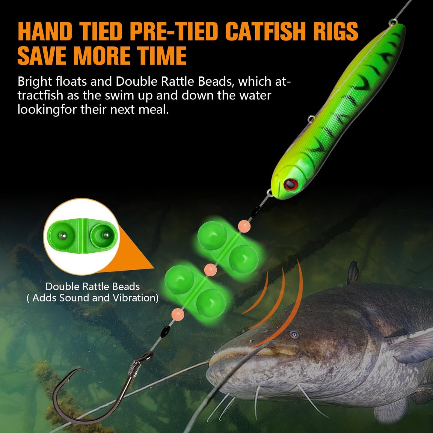HADORAM Catfish Float Rigs with Catfish Rattles Rattling Catfishing Tackle for Bank Fishing Cooper Rig Equipment Circle Hooks for Peg Floats Santee Rig