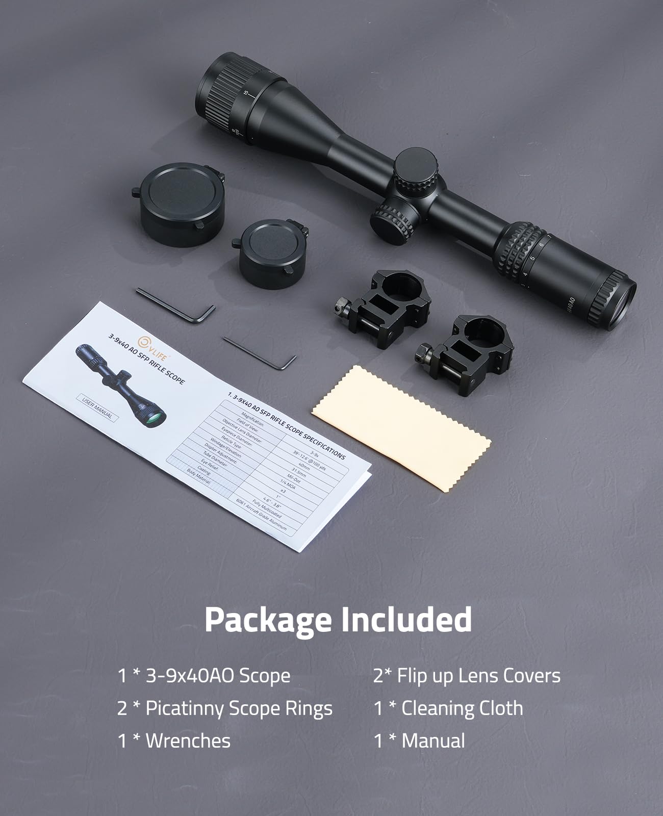 CVLIFE JackalHowl F02 3-9x40 AO Rifle Scope - Crosshair Reticle - 1 inch Tube SFP Scope with Parallax Adjustment, 20mm Scope Rings - Second Focal Plane
