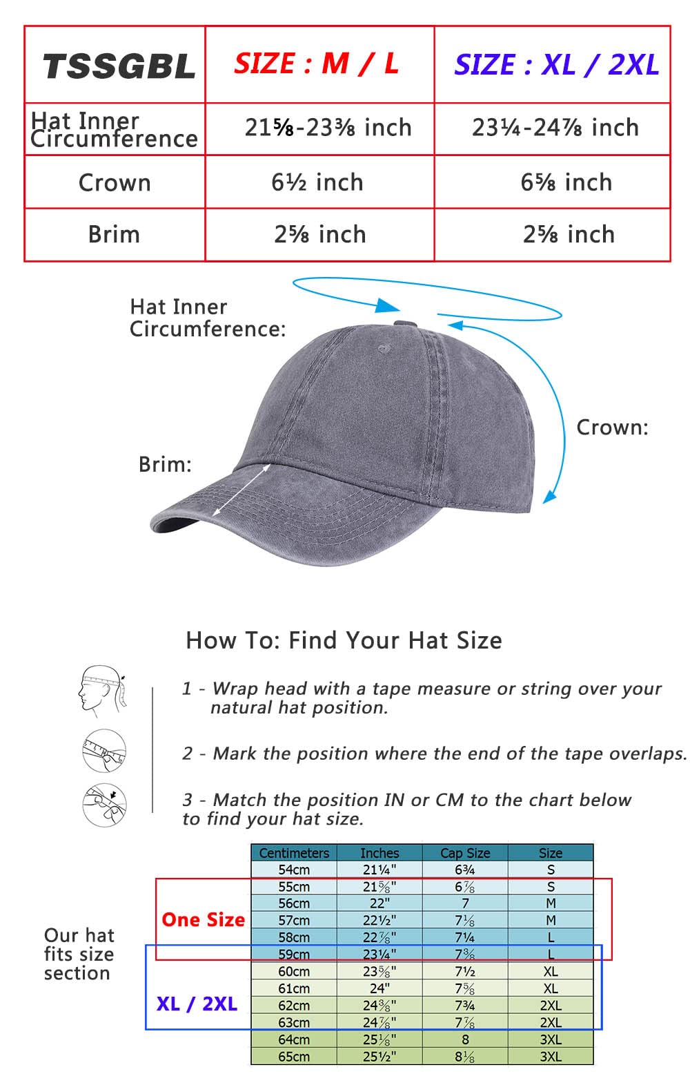 TSSGBL Vintage Cotton Washed Baseball Cap S to XXL Unstructured Low Profile Adjustable Distressed Dad Hat for Men Women