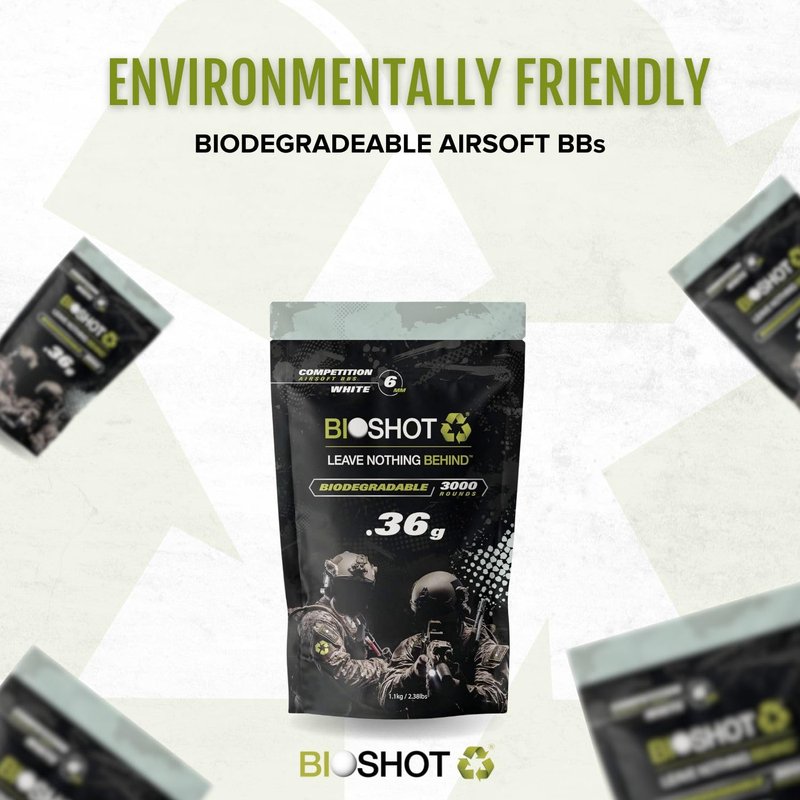 BioShot Biodegradable Airsoft BBS - .36g Super Slick Seamless Sniper Weight Competition Match Grade for All 6mm Airsoft Guns and Accessories (3000 Rounds, White)