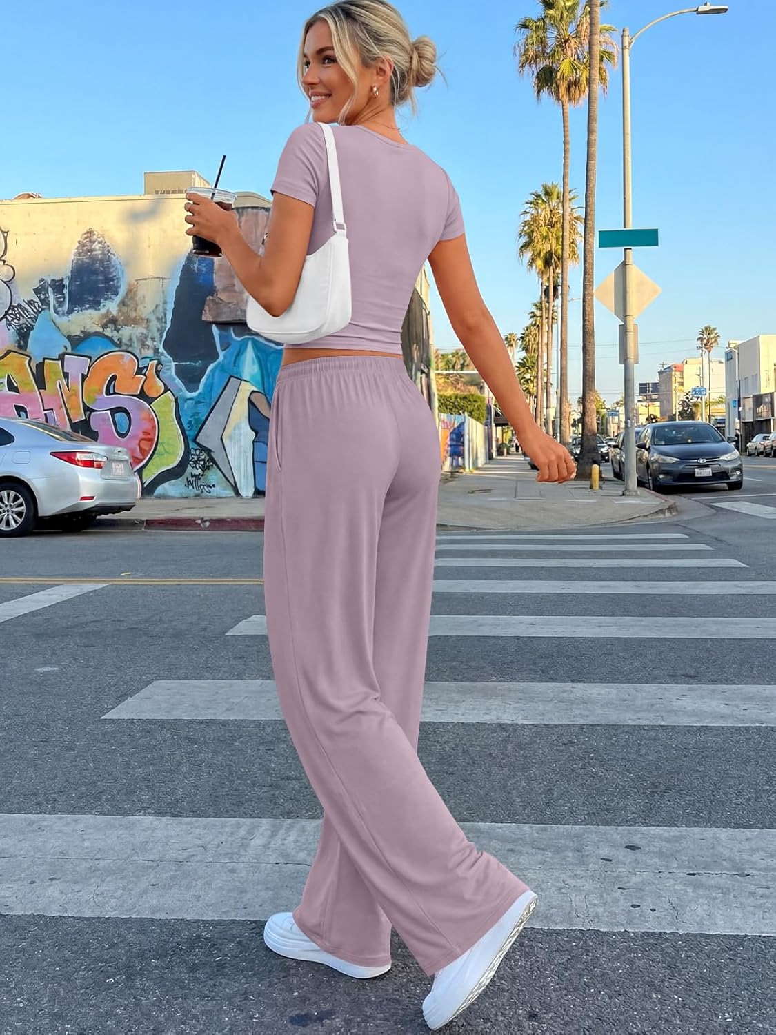 Trendy Queen Summer Lounge Set - Women's 2-Piece Matching Outfit with Side Ruching Top & Wide Leg Pants | Pockets Included