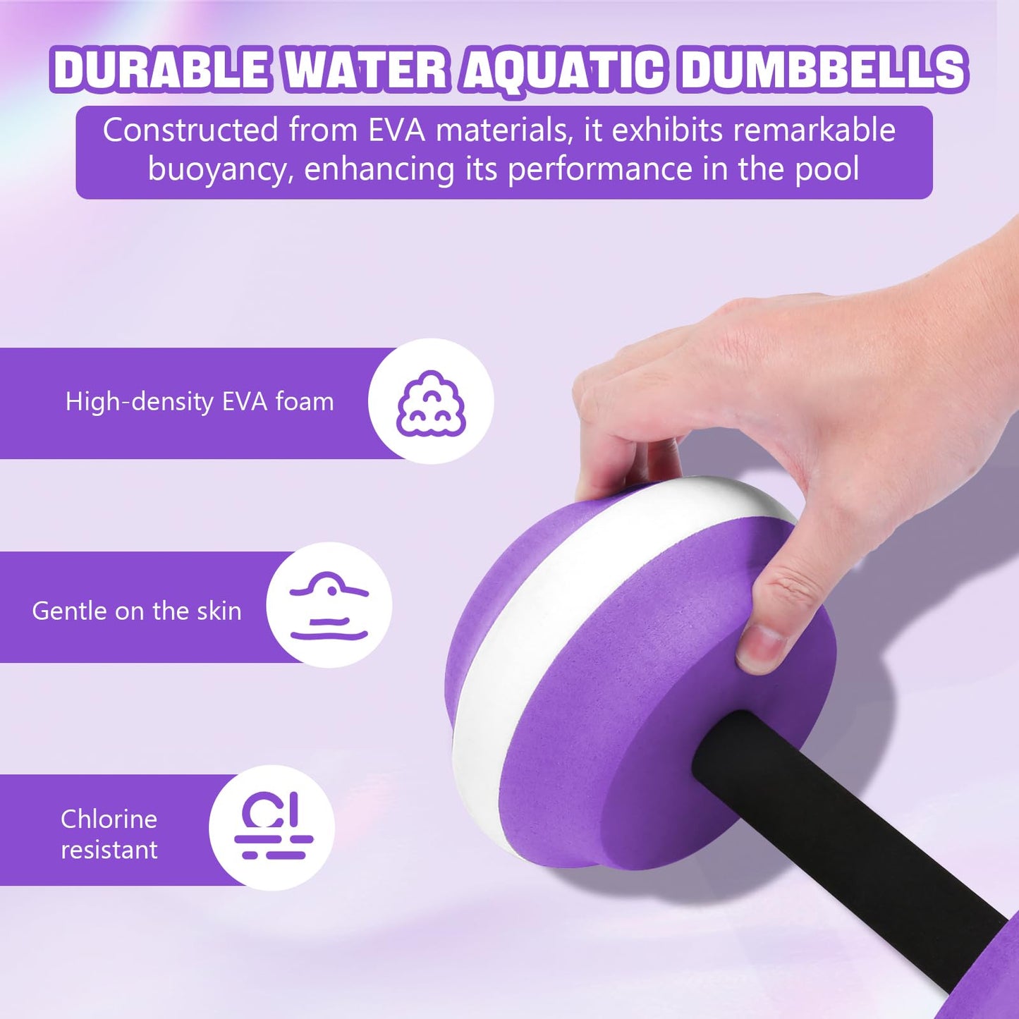 2024 NEW Aquatic Dumbbells, Set of 2 Water Aerobic Exercise Foam Dumbbell Pool Resistance, Detachable Water Aqua Fitness Barbells Hand Bar Exercises Equipment for Weight Loss, Purple