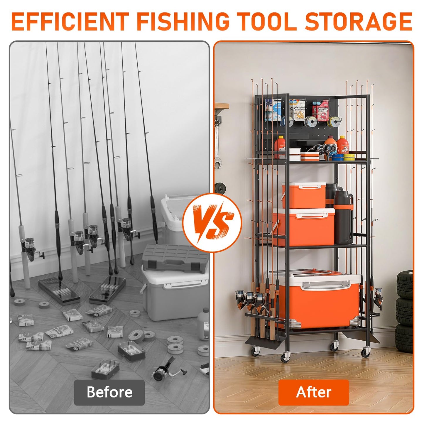 GloCryp 12-Rod Fishing Pole Holders for Garage, 3-Shelf Fishing Rod Holder with Pegboard and Trays, 360° Rotatable, Rolling Fishing Storage Cart with Wheels for Tackle Box & Fishing Gear Organization