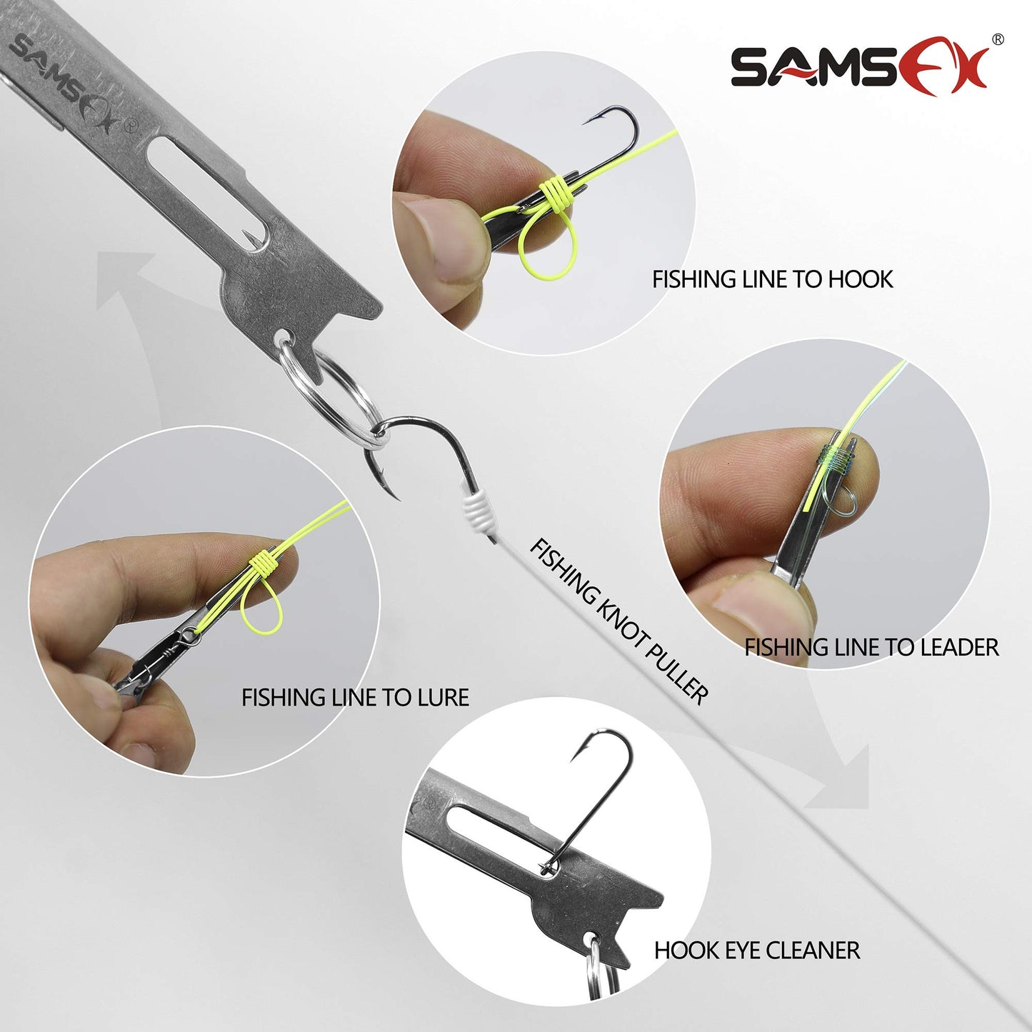SAMSFX Fishing Stainless Steel Hook Tier, Knot Tying Tool, Loop Tyer, Hook Remover and Zinger Retractors Combo (Hook Tier with Black Grip)