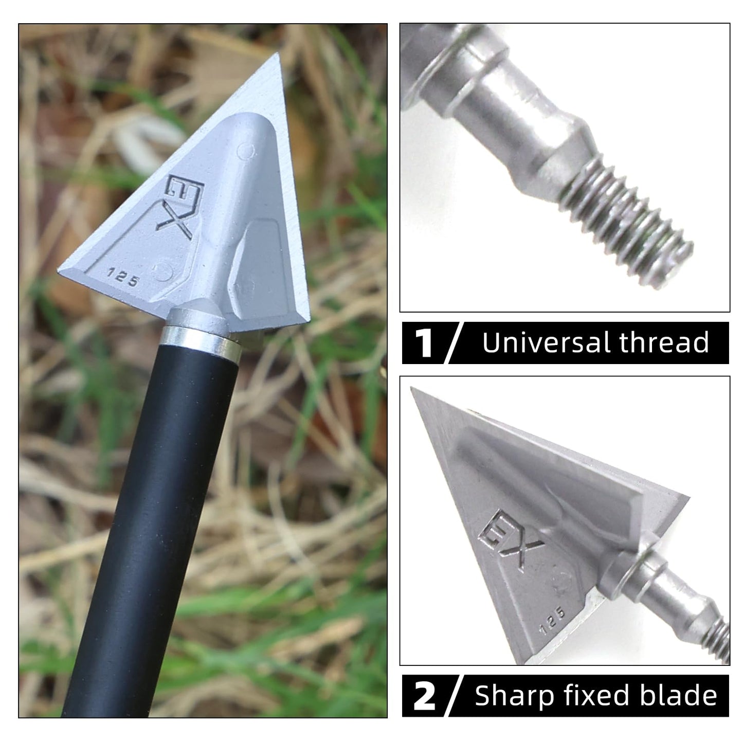 MOYJ 6 pcs/Box Broadhead Fixed Blade Arrow Tips Archery Crossbow and Compound Bow Outdoor Screw-in Hunting Tips Different 100/125 Grain Arrowhead （only Broadhead ） (x3-125gr)