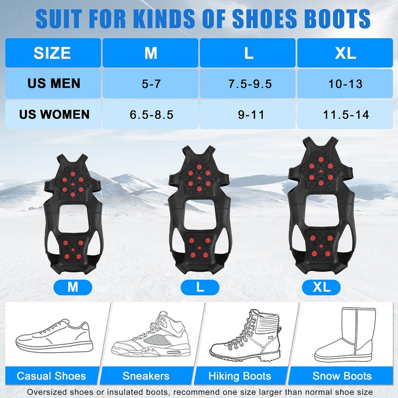 Ice Cleats Tungsten Crampons, Anti Slip Shoes Grippers with Reflective Heel, Ice Snow Cleats for Shoes and Boots Men Women Slip-on Overshoes Stretch Footwear, Size XL