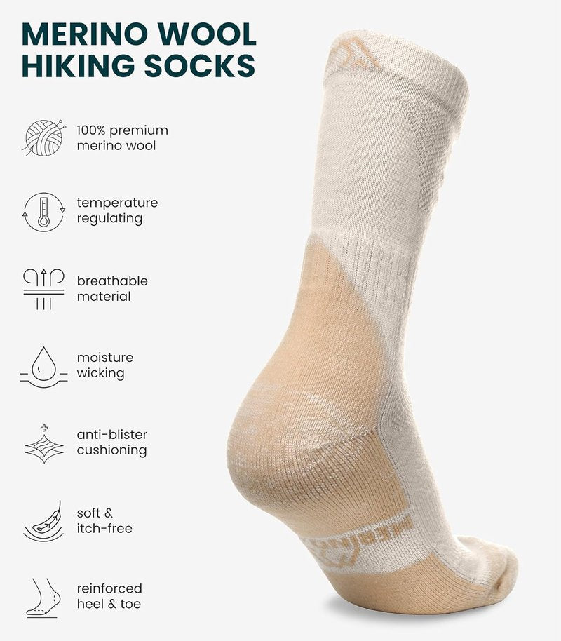 Merino Wool Hiking Socks for Men & Women - Comfortable Crew Style, Breathable & Warm