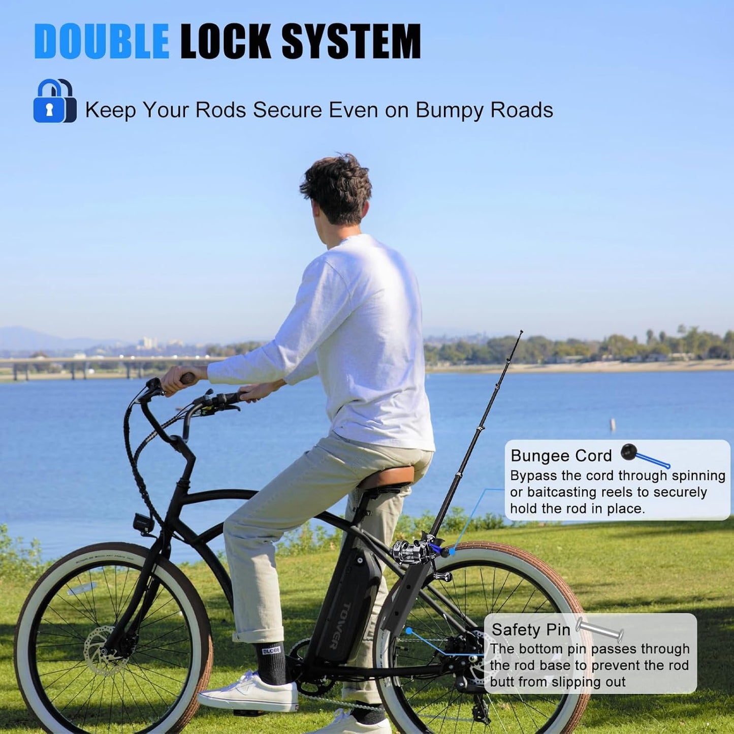 Fishing Rod Holder for Bike - Easy On & Off Mount for Bicycle, Ebike, Scooter, Moped | Perfect for Transporting Poles