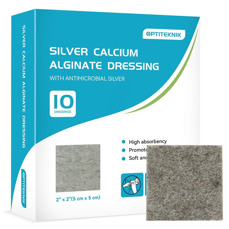 OPTITEKNIK Ag Silver Calcium Alginate Wound Dressing Pads 2"x2" Pack of 10, Soft Silver Dressings for Wound Care, Gentle Highly Absorbent Dressing, Non Stick Gauze Pads for Wounds