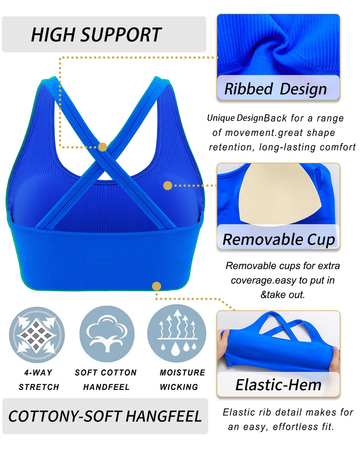 RUNNING GIRL High Impact Sports Bras for Women,Crisscross Back Seamless Padded High Support Sports Bra with Removable Pads(2984Blue_L)