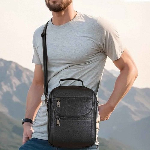 Polare Italian Cowhide Leather Messenger Bag Anti-Theft Shoulder Pouch Sling Bag Waterproof Purse Crossbody Bags Handbag (Black-B)