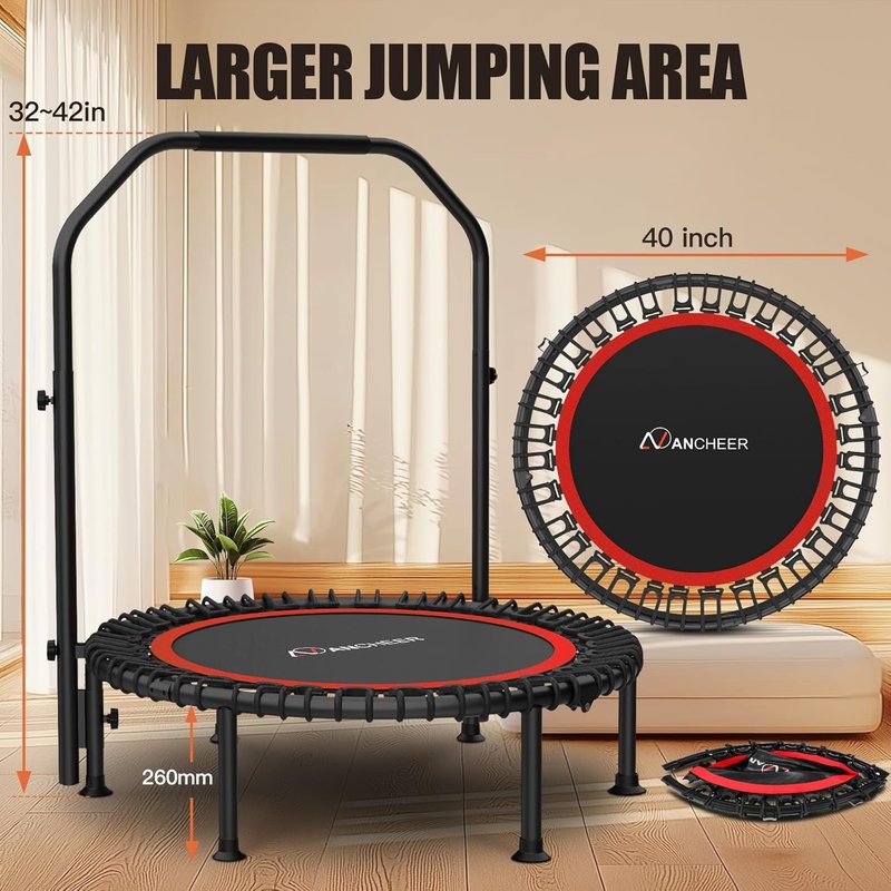 Fitness Bungee Rebounder Trampoline - 40" Foldable with Resistance Ropes & Adjustable Handlebar | 450LBS Capacity for Indoor/Outdoor Use
